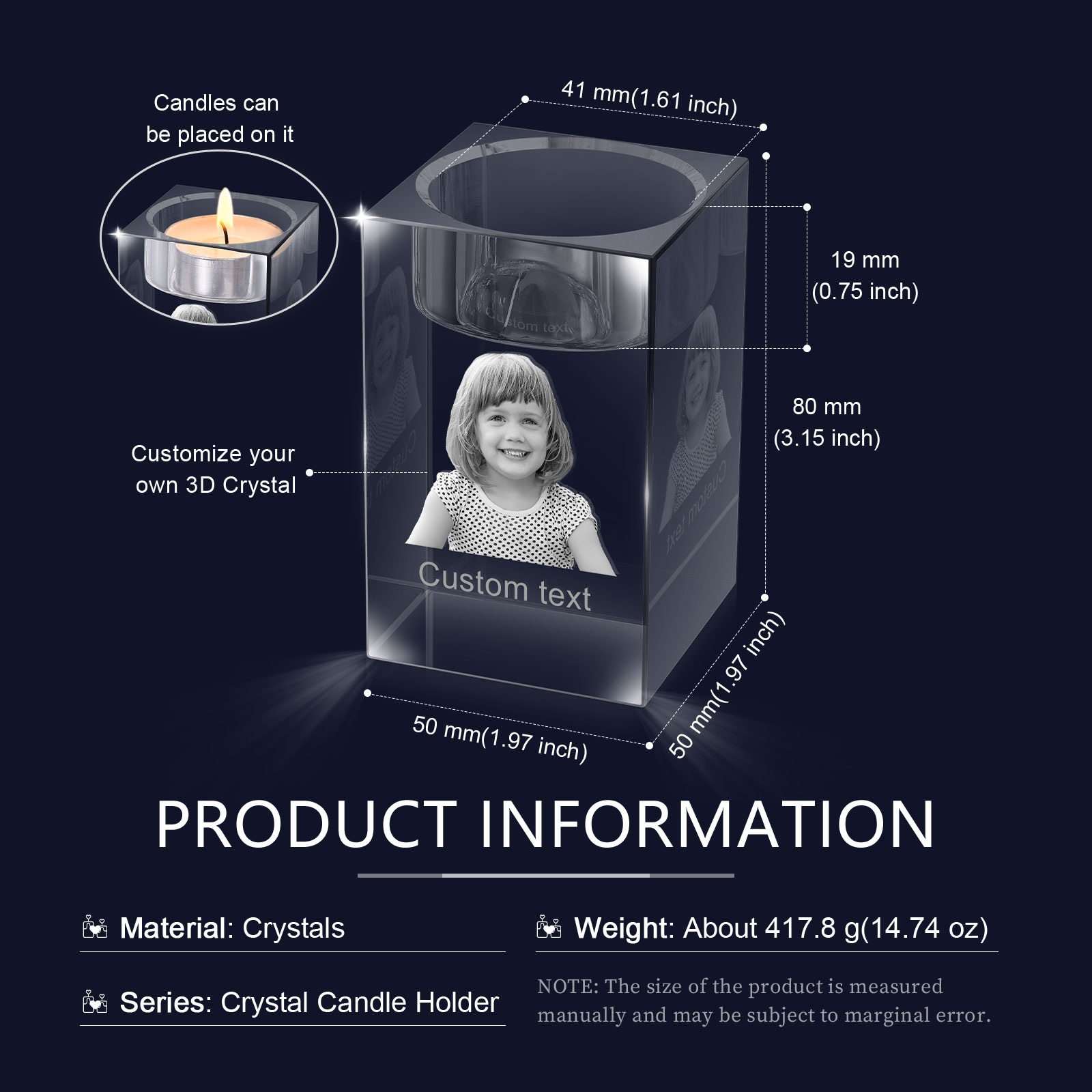 Personalised Crystal Candle Holder Engraved 3D Photo and Text Gift for Couples