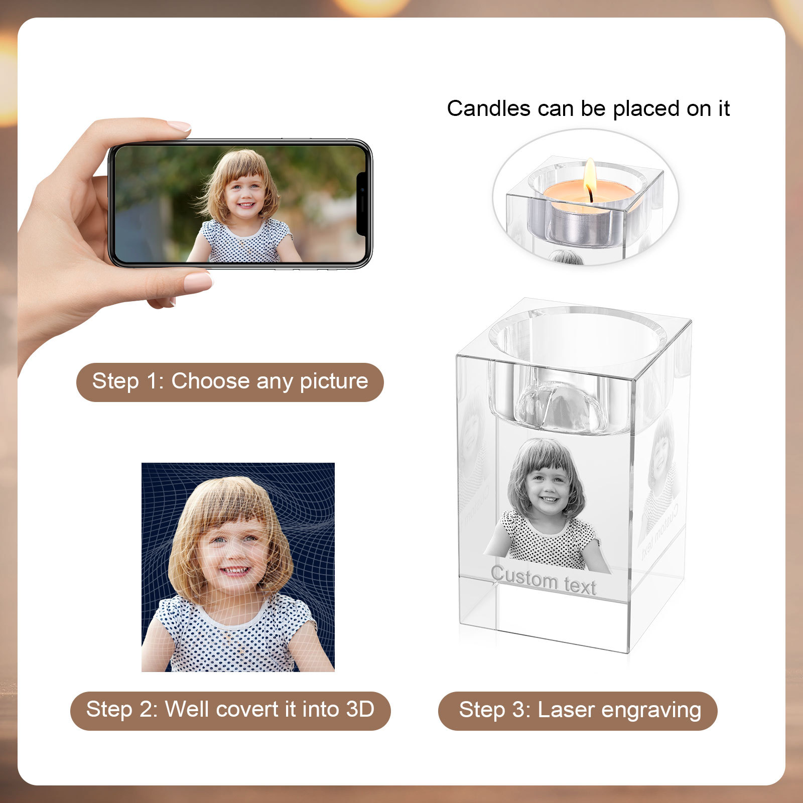 Personalised Crystal Candle Holder Engraved 3D Photo and Text Gift for Couples