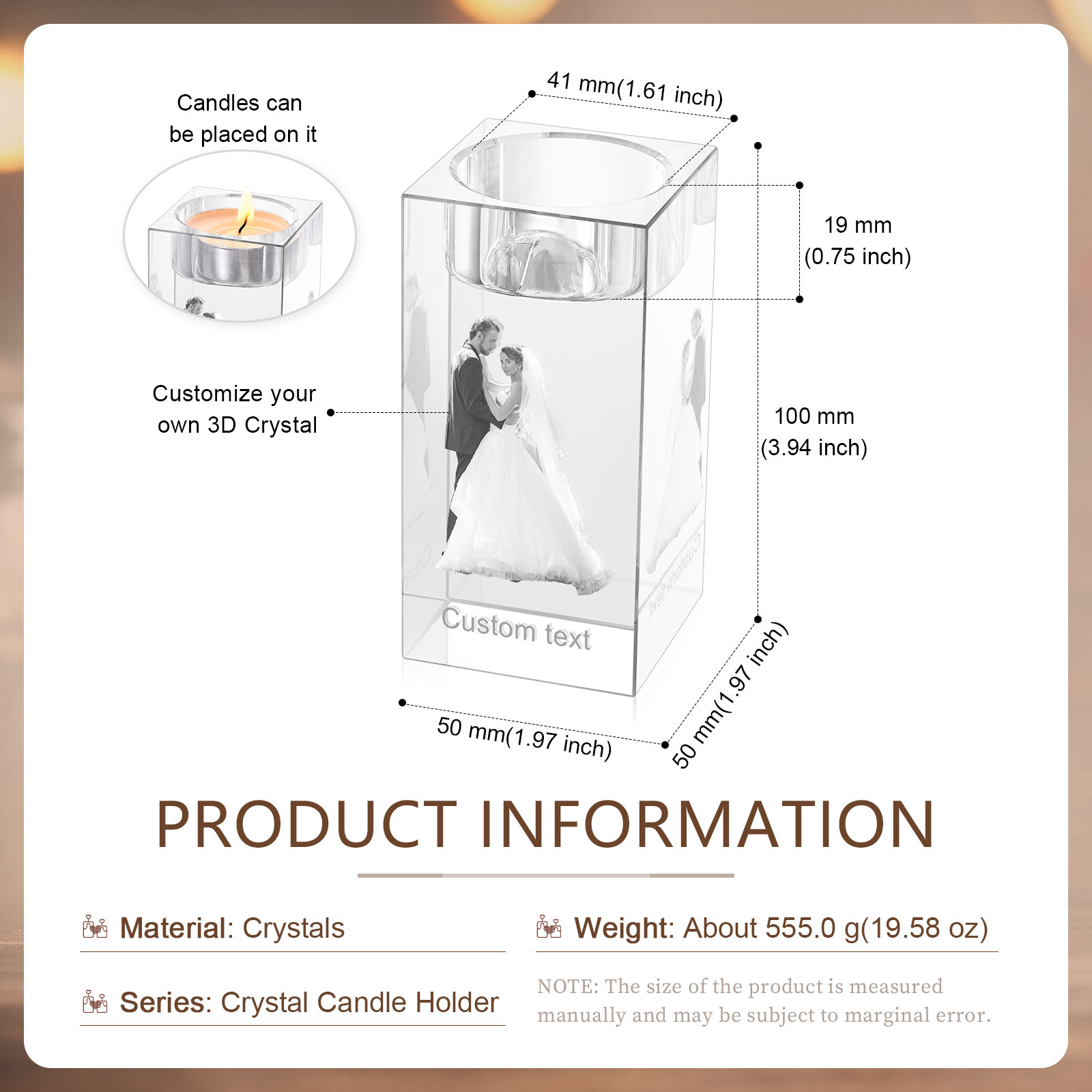 Personalised Crystal Candle Holder Engraved 3D Photo and Text Gift for Couples