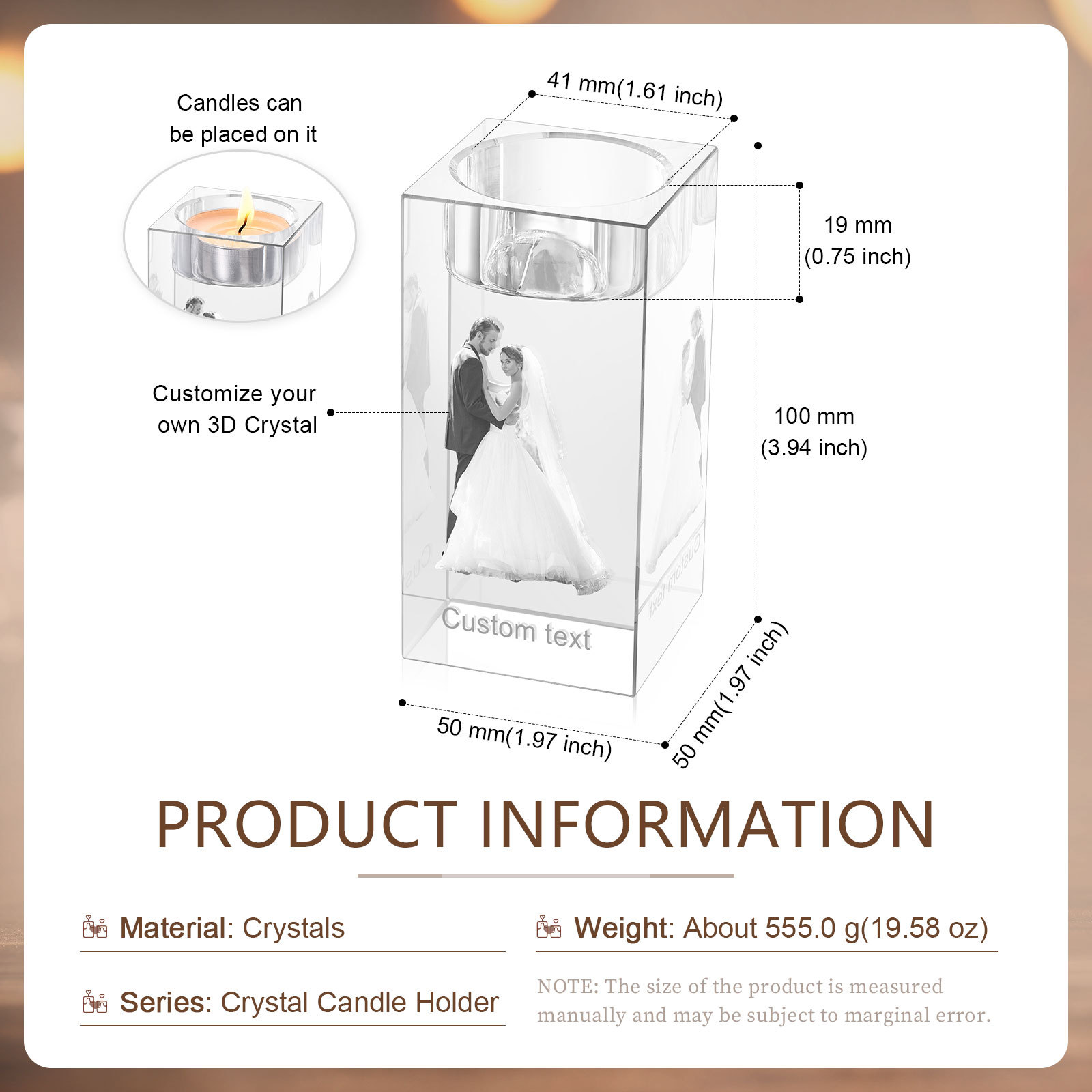 Personalised Crystal Candle Holder Engraved 3D Photo and Text Gift for Couples