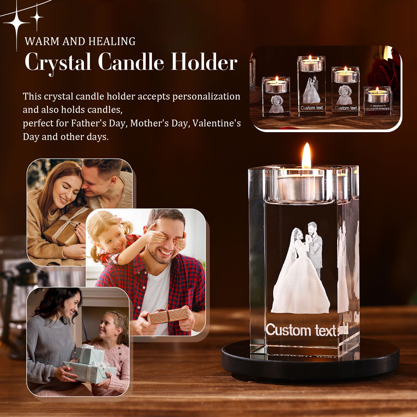 Personalised Crystal Candle Holder Engraved 3D Photo and Text Gift for Couples