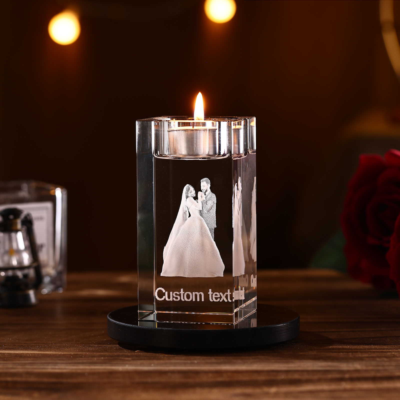 Personalised Crystal Candle Holder Engraved 3D Photo and Text Gift for Couples