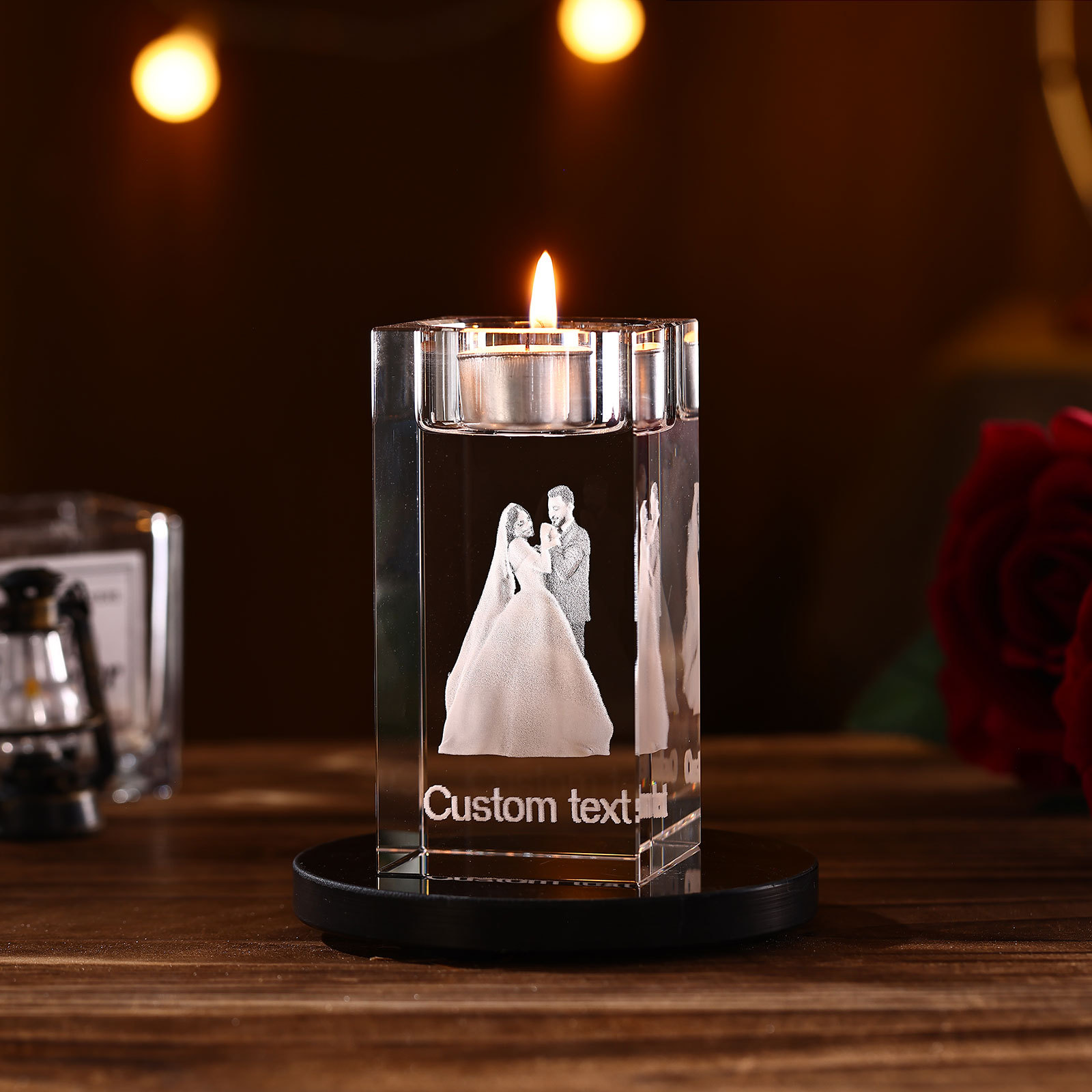 Personalised Crystal Candle Holder Engraved 3D Photo and Text Gift for Couples
