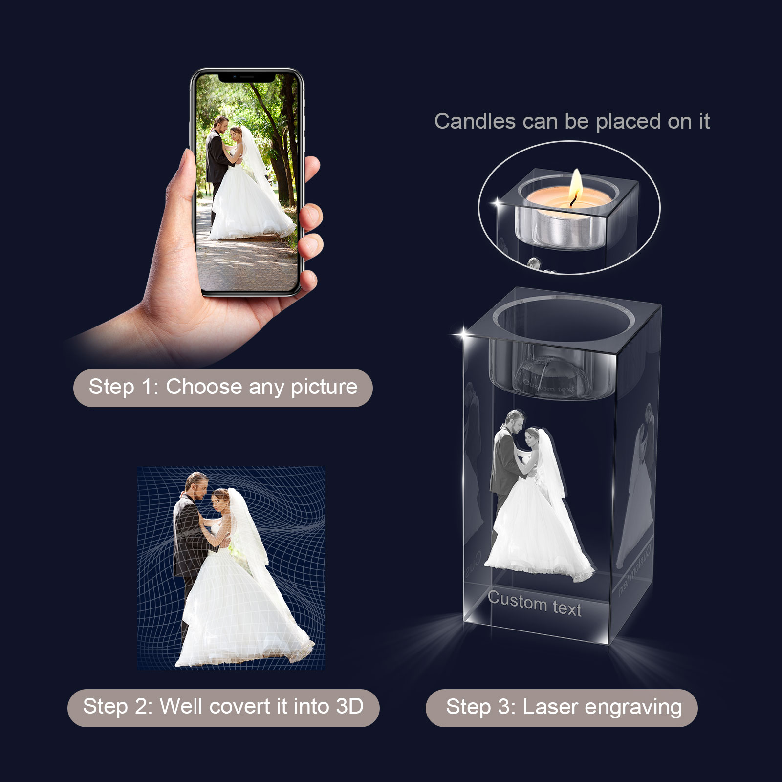 Personalised Crystal Candle Holder Engraved 3D Photo and Text Gift for Couples