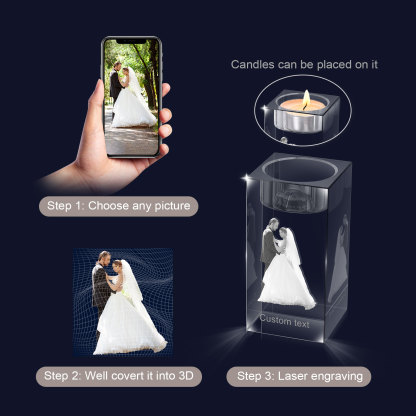 Personalised Crystal Candle Holder Engraved 3D Photo and Text Gift for Couples