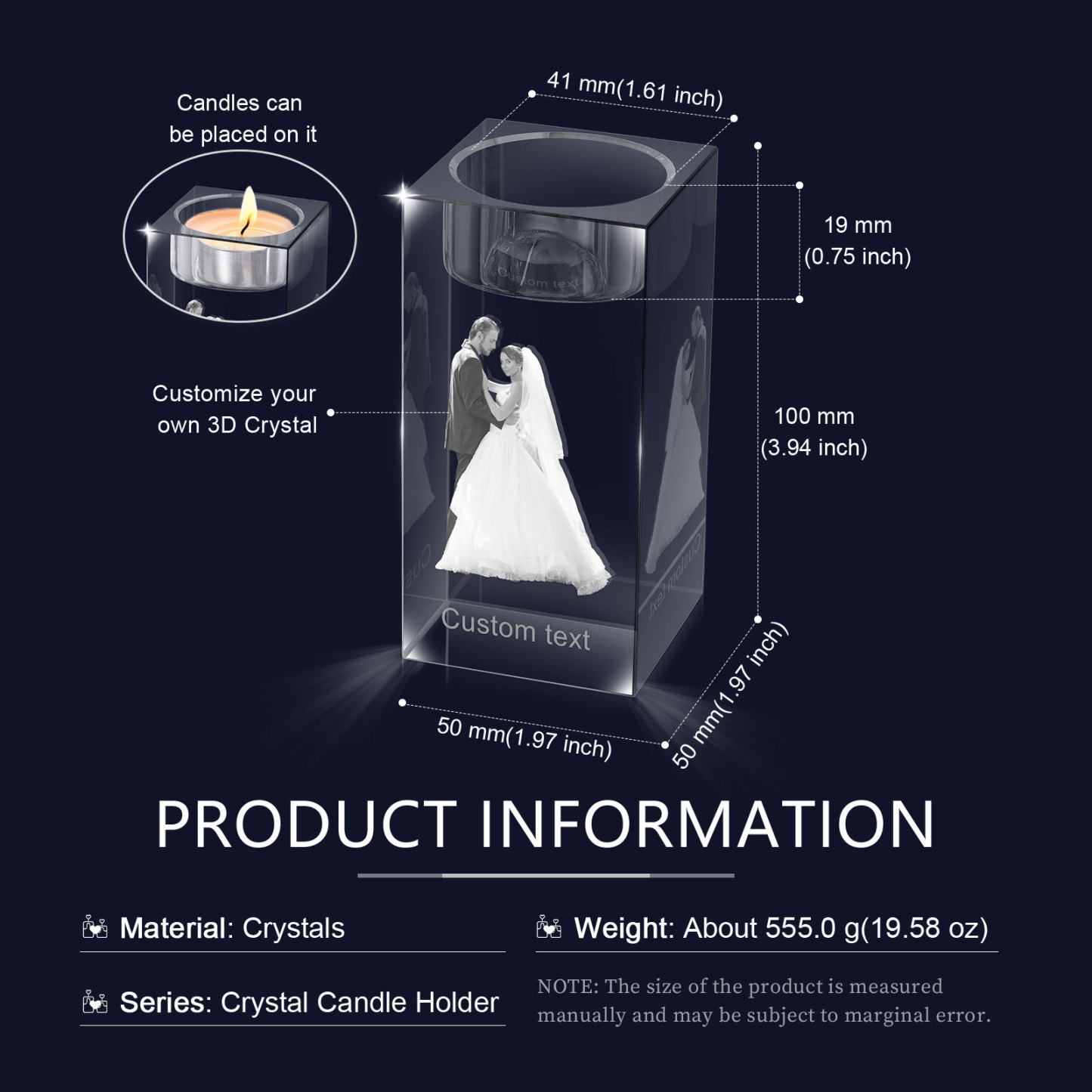 Personalised Crystal Candle Holder Engraved 3D Photo and Text Gift for Couples