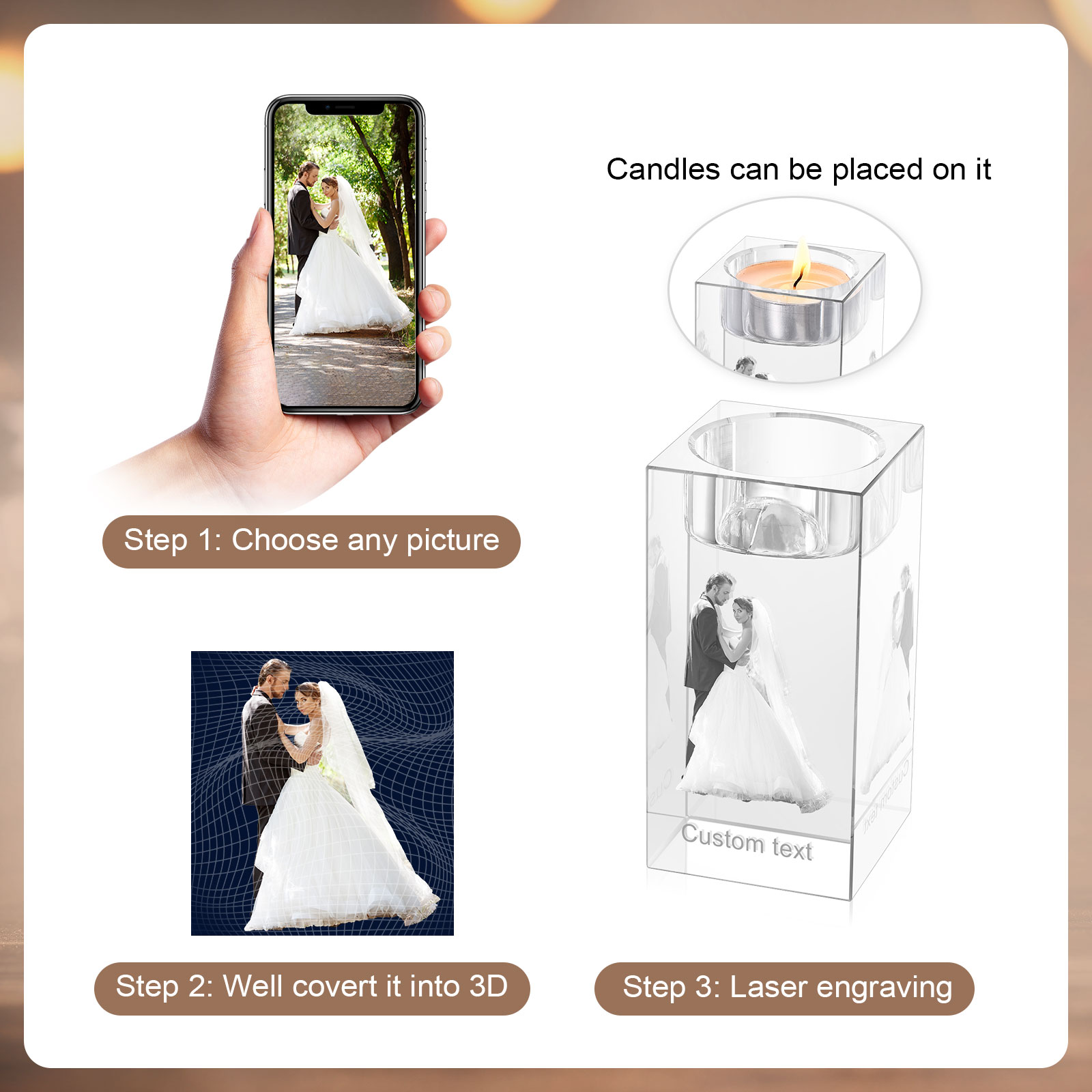 Personalised Crystal Candle Holder Engraved 3D Photo and Text Gift for Couples