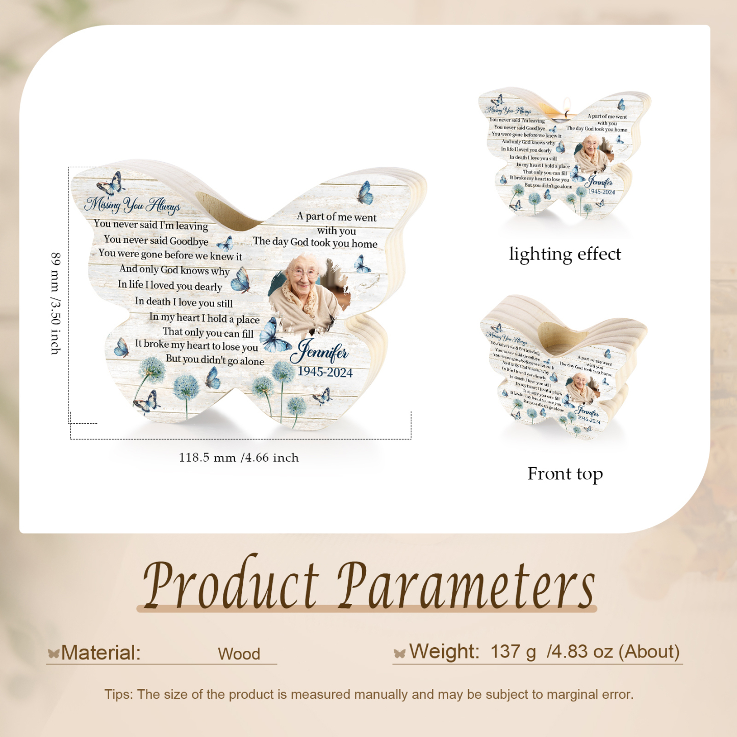 Personalised Butterfly Candle Holder with Custom Photo Name & Date A Unique Memorial Gift for Christmas-Jessemade AU