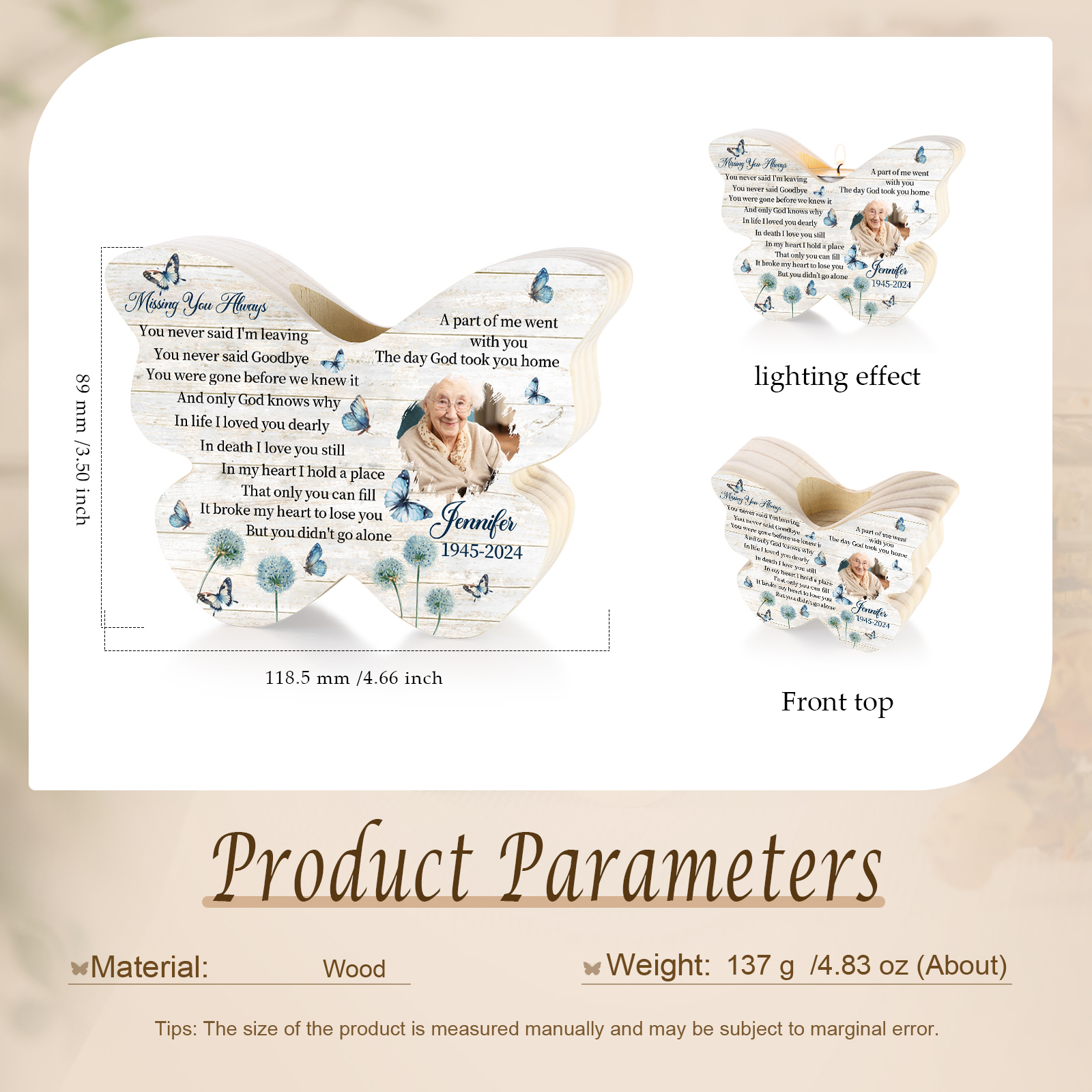 Personalised Butterfly Candle Holder with Custom Photo Name & Date A Unique Memorial Gift for Christmas-Jessemade AU