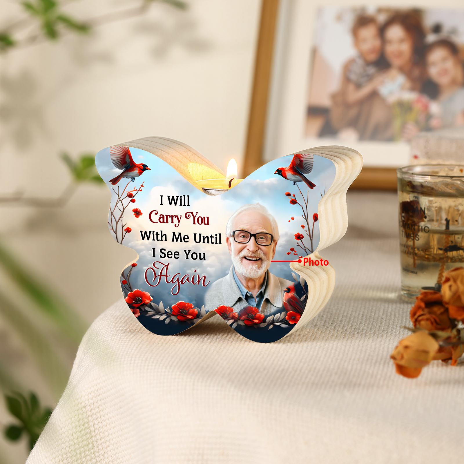 I Will Carry You With Me Until I See You Again Personalised Butterfly Memorial Candle Holder with Custom Photo