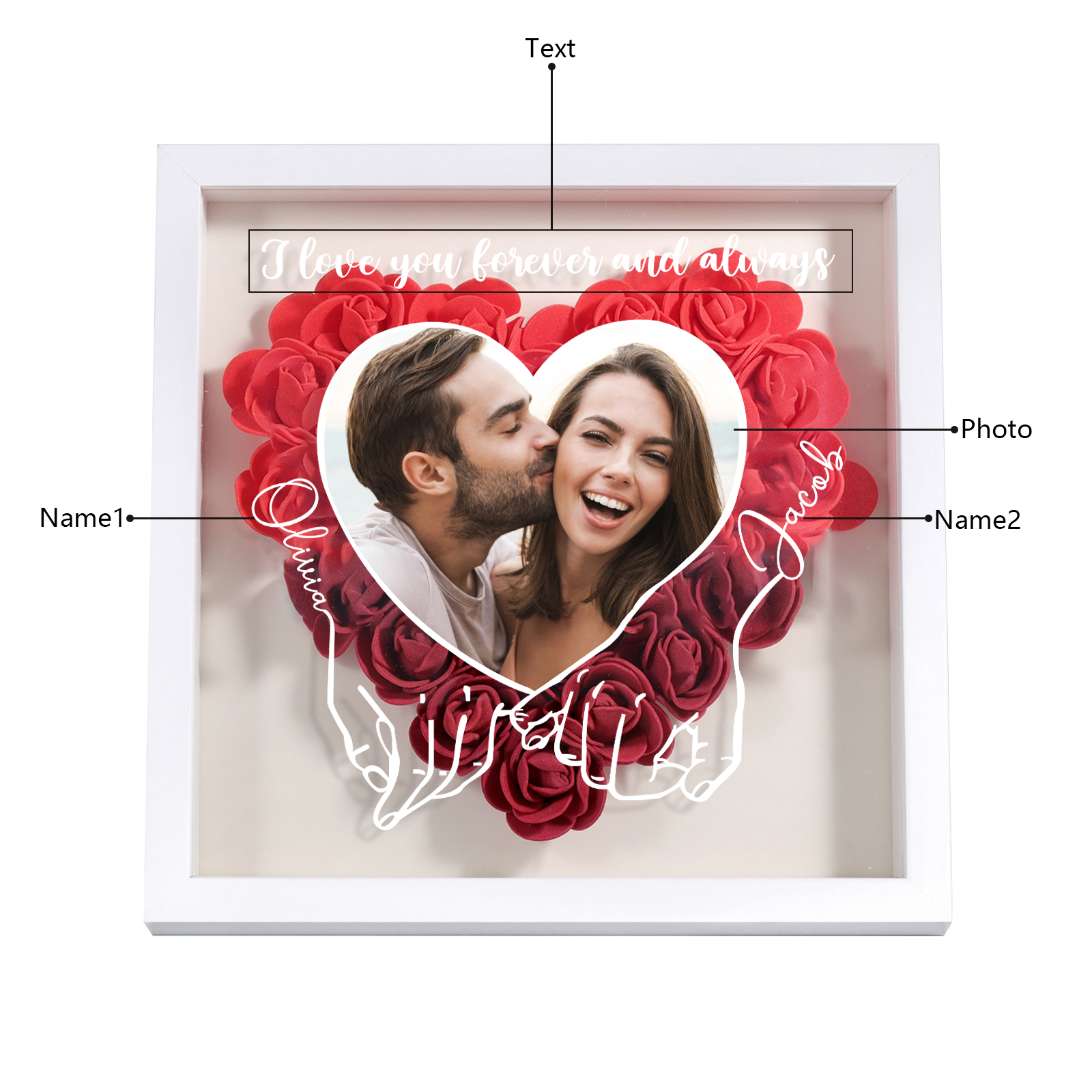 Personalised Heart Rose Frame with Photo Names & Message Perfect for Valentine