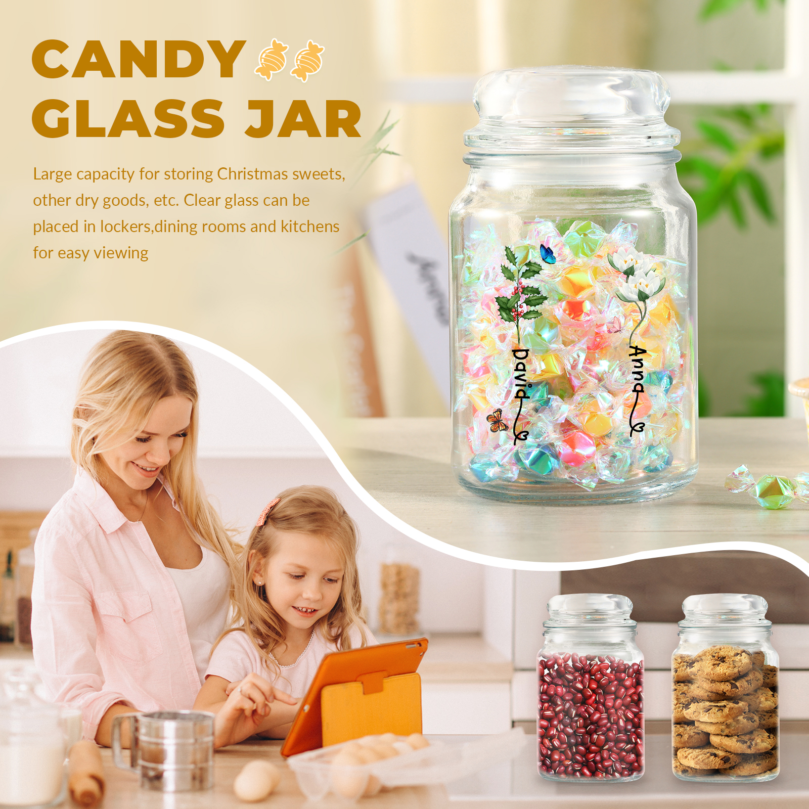 Personalised Candy Jar Customised 2 to 6 Names and Birth Flowers Gift for Family