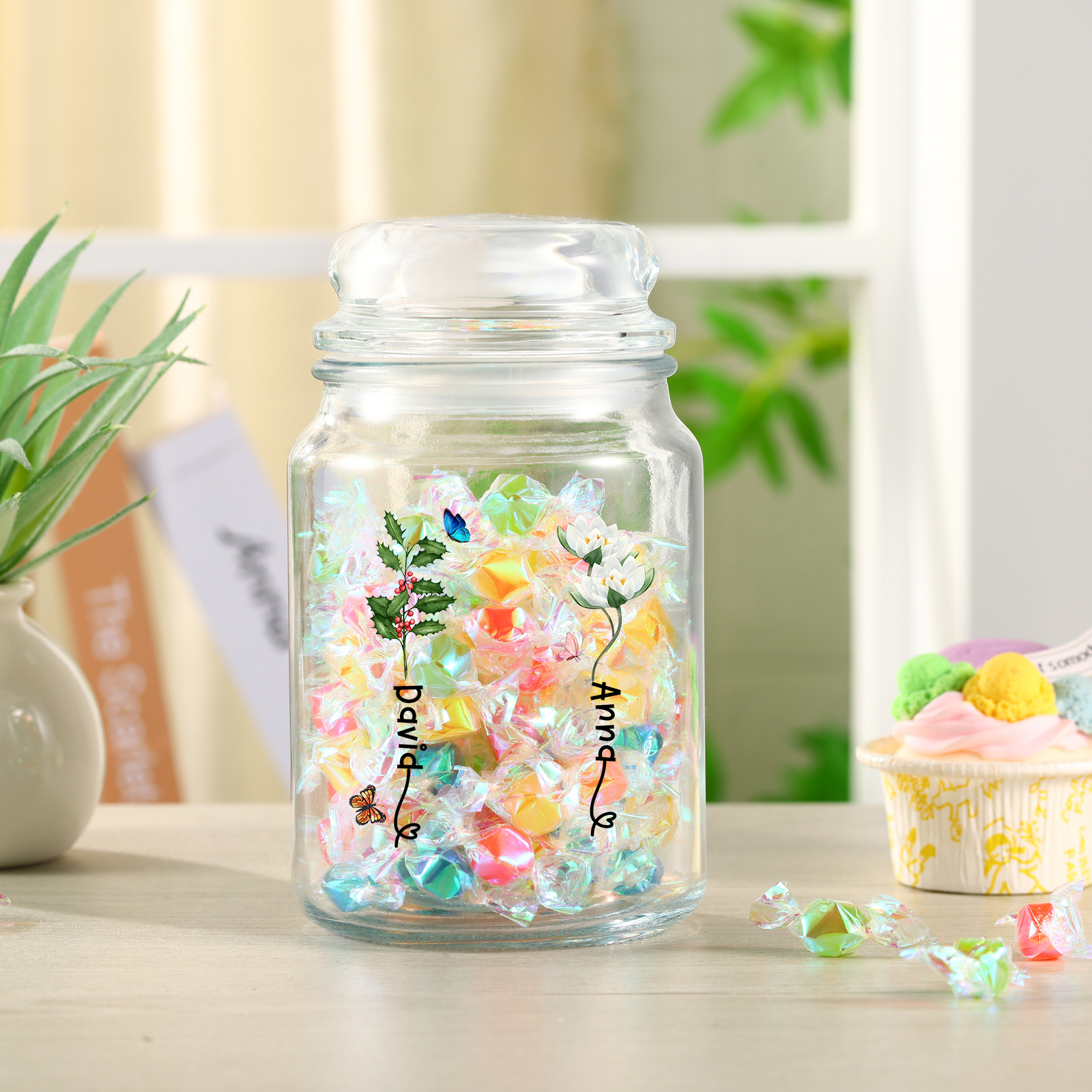 Personalised Candy Jar Customised 2 to 6 Names and Birth Flowers Gift for Family