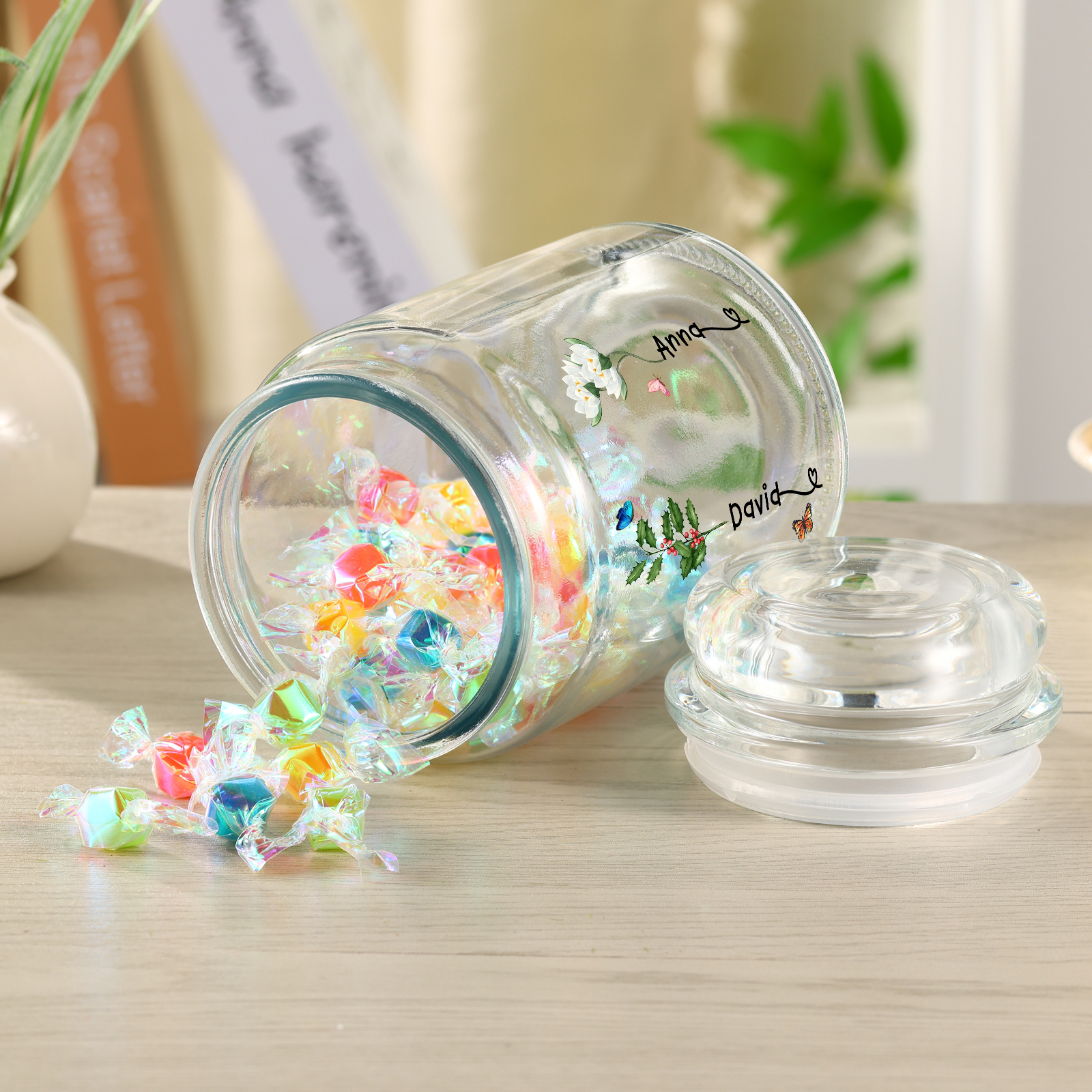 Personalised Candy Jar Customised 2 to 6 Names and Birth Flowers Gift for Family