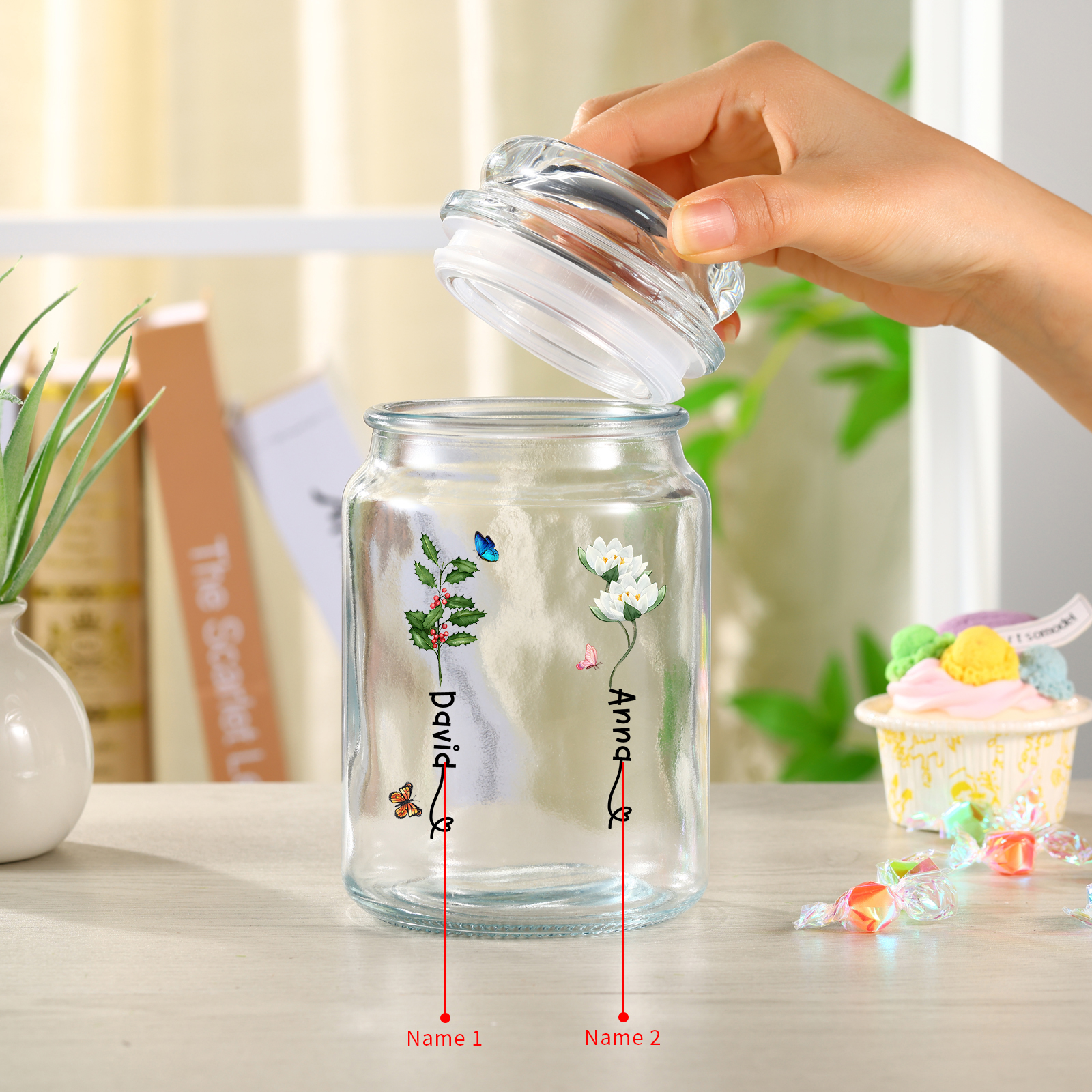 Personalised Candy Jar Customised 2 to 6 Names and Birth Flowers Gift for Family