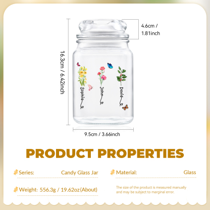 Personalised Candy Jar Customised 2 to 6 Names and Birth Flowers Gift for Family