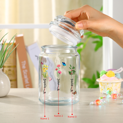 Personalised Candy Jar Customised 2 to 6 Names and Birth Flowers Gift