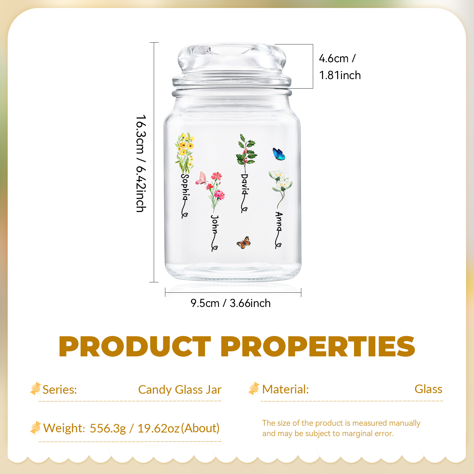 Personalised Candy Jar Customised 2 to 6 Names and Birth Flowers Gift for Family