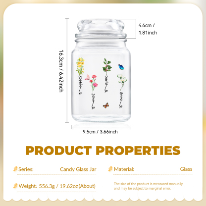 Personalised Candy Jar Customised 2 to 6 Names and Birth Flowers Gift for Family
