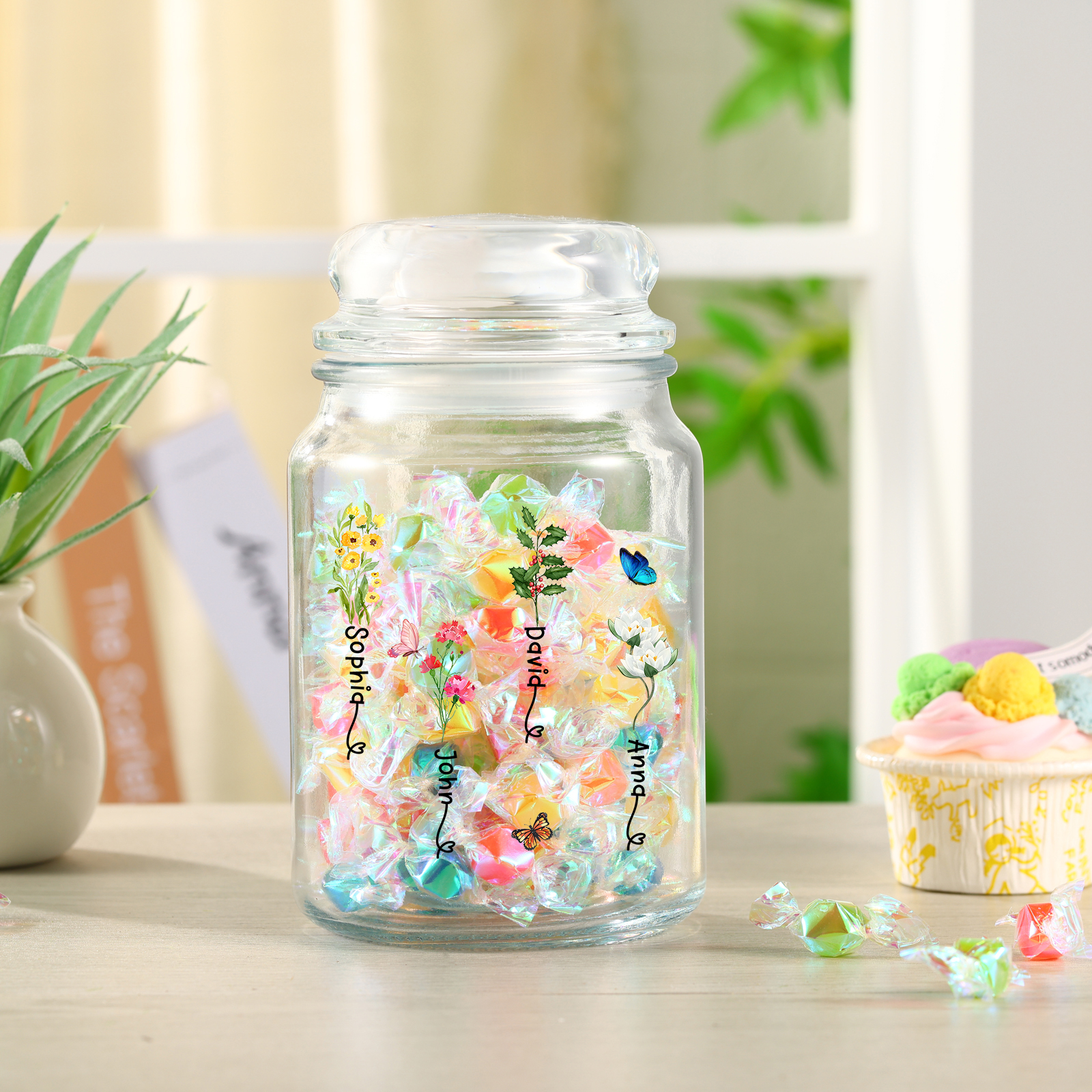 Personalised Candy Jar Customised 2 to 6 Names and Birth Flowers Gift for Family