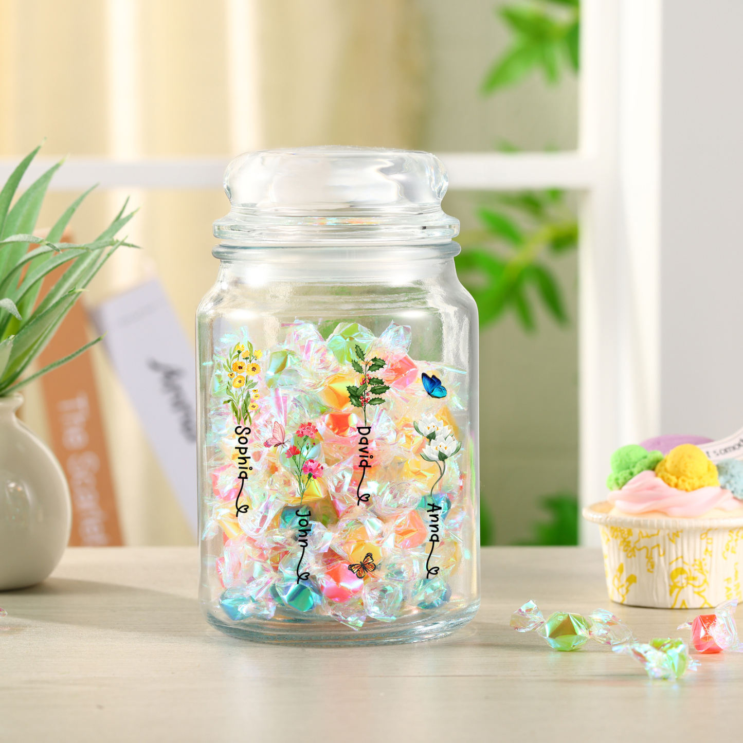 Personalised Candy Jar Customised 2 to 6 Names and Birth Flowers Gift for Family