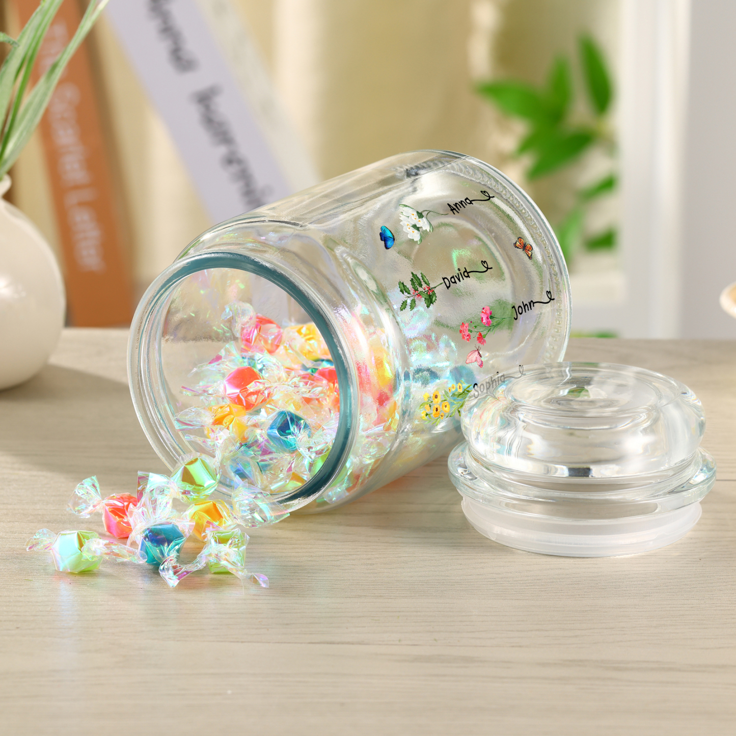 Personalised Candy Jar Customised 2 to 6 Names and Birth Flowers Gift for Family