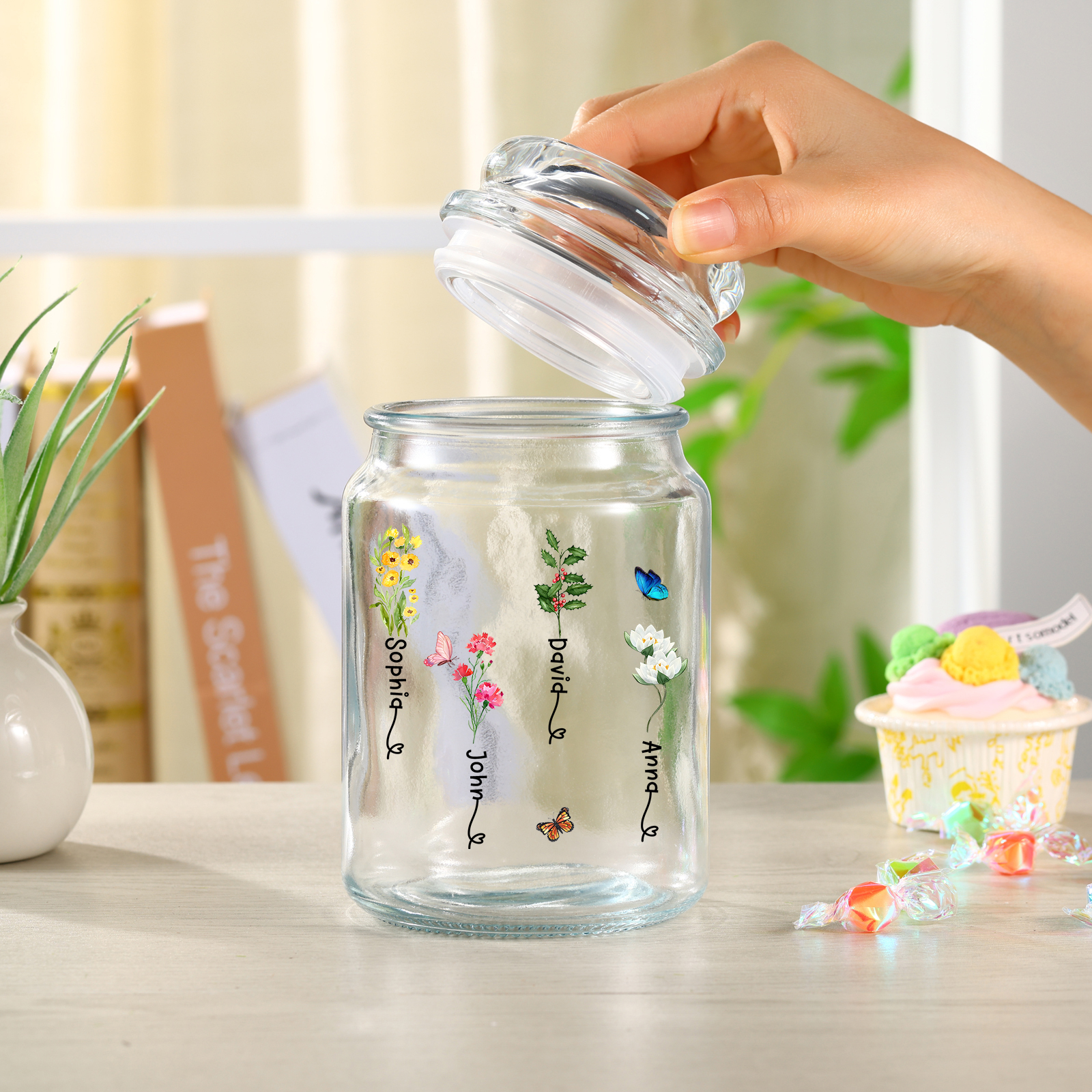 Personalised Candy Jar Customised 2 to 6 Names and Birth Flowers Gift for Family