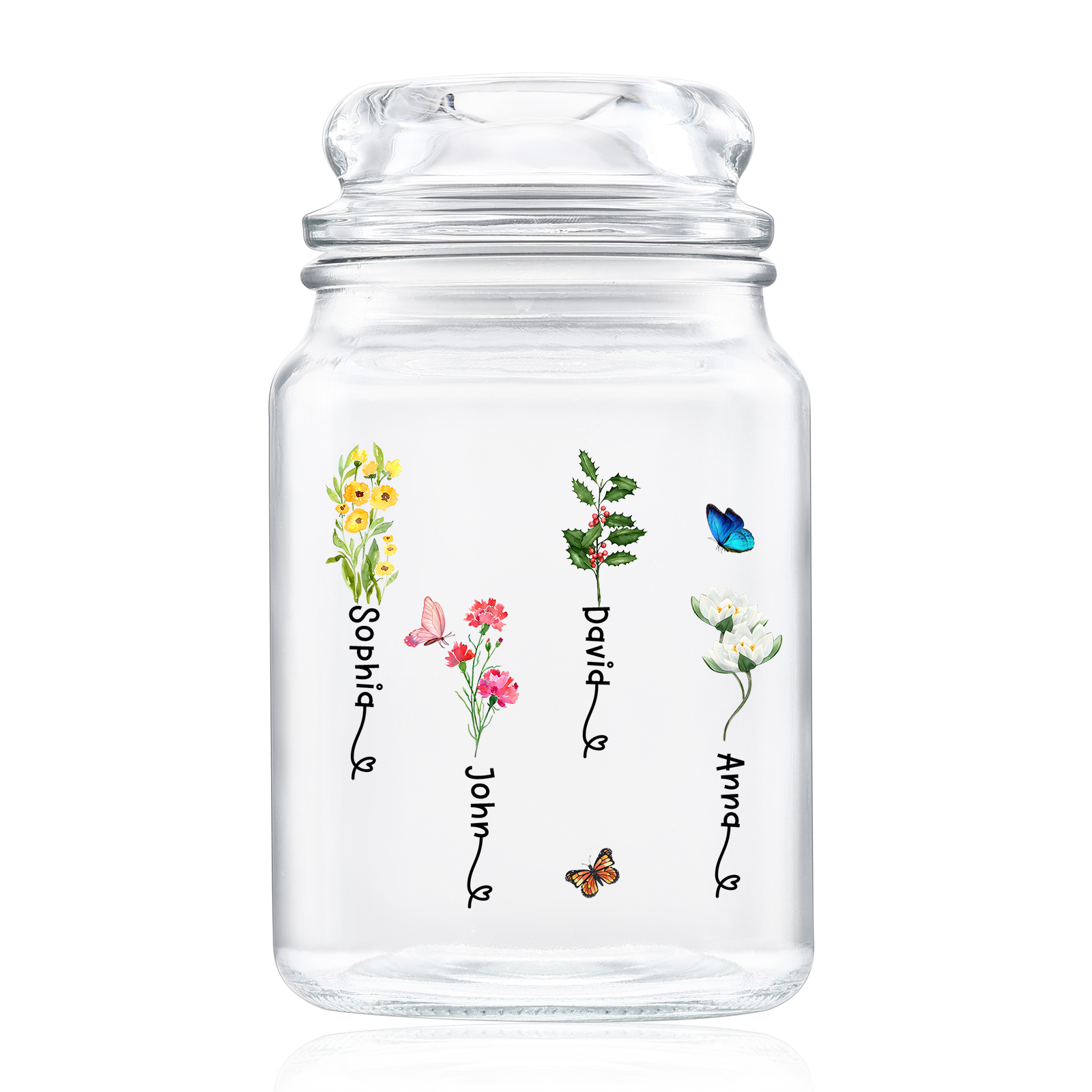 Personalised Candy Jar Customised 2 to 6 Names and Birth Flowers Gift for Family