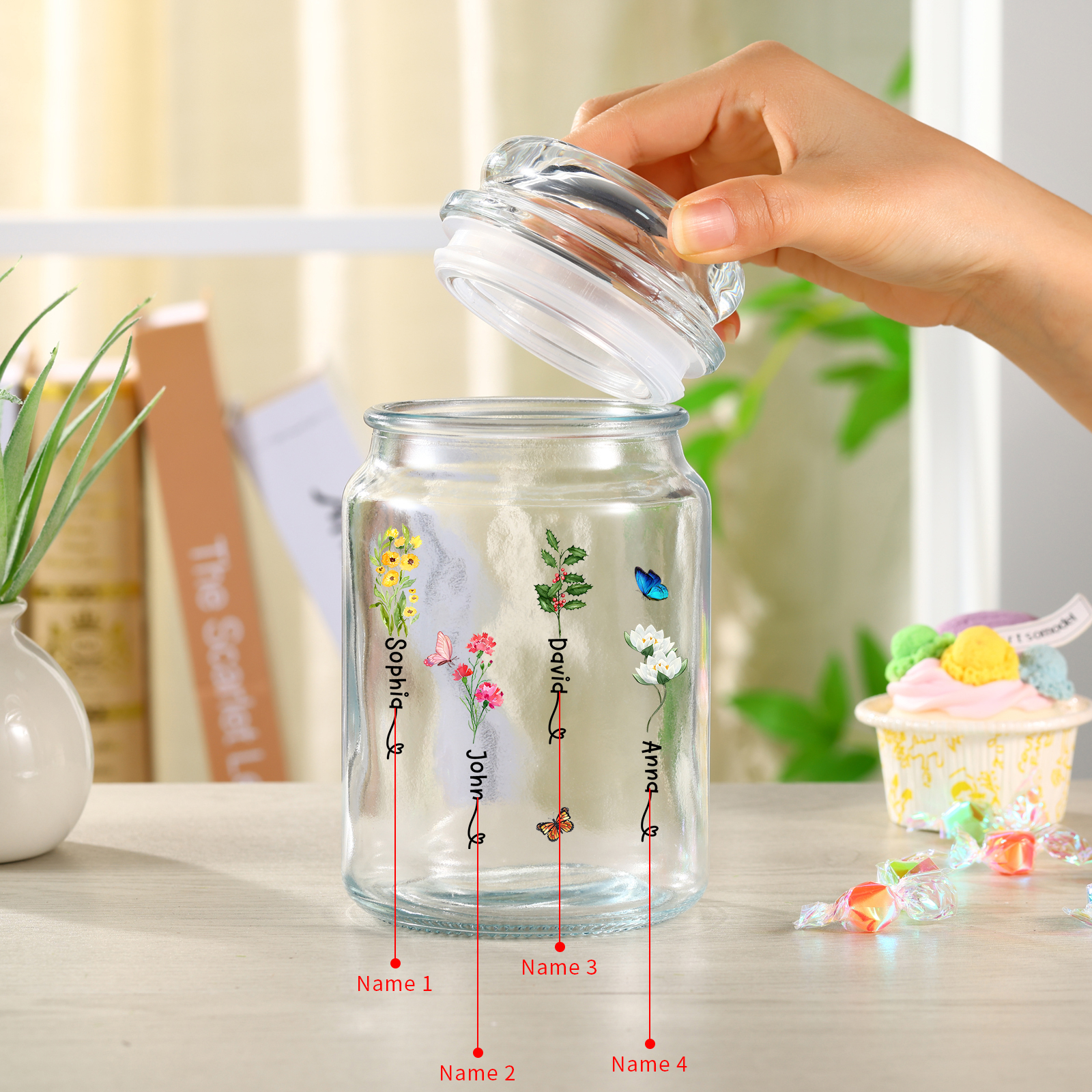 Personalised Candy Jar Customised 2 to 6 Names and Birth Flowers Gift for Family