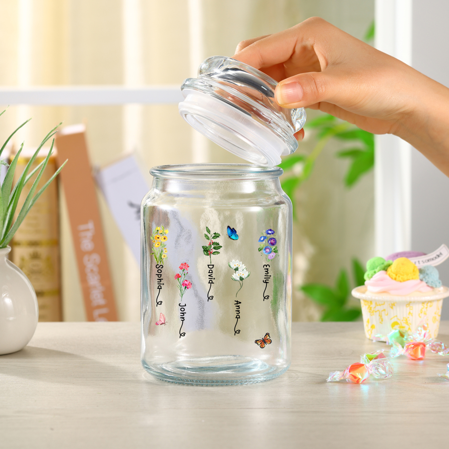 Personalised Candy Jar Customised 2 to 6 Names and Birth Flowers Gift for Family