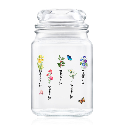 Personalised Candy Jar Customised 2 to 6 Names and Birth Flowers Gift for Family