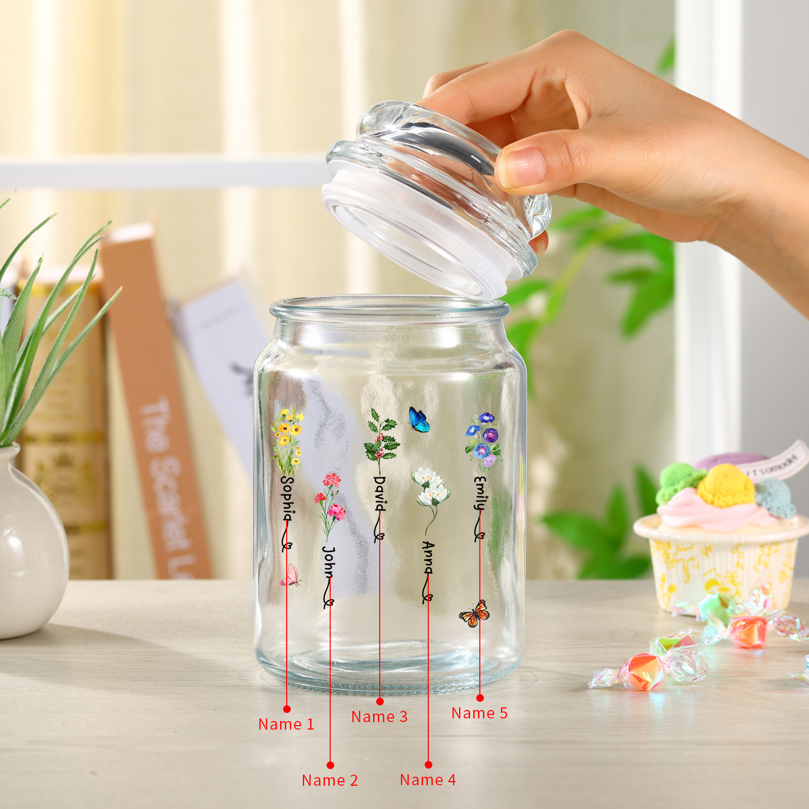 Personalised Candy Jar Customised 2 to 6 Names and Birth Flowers Gift for Family