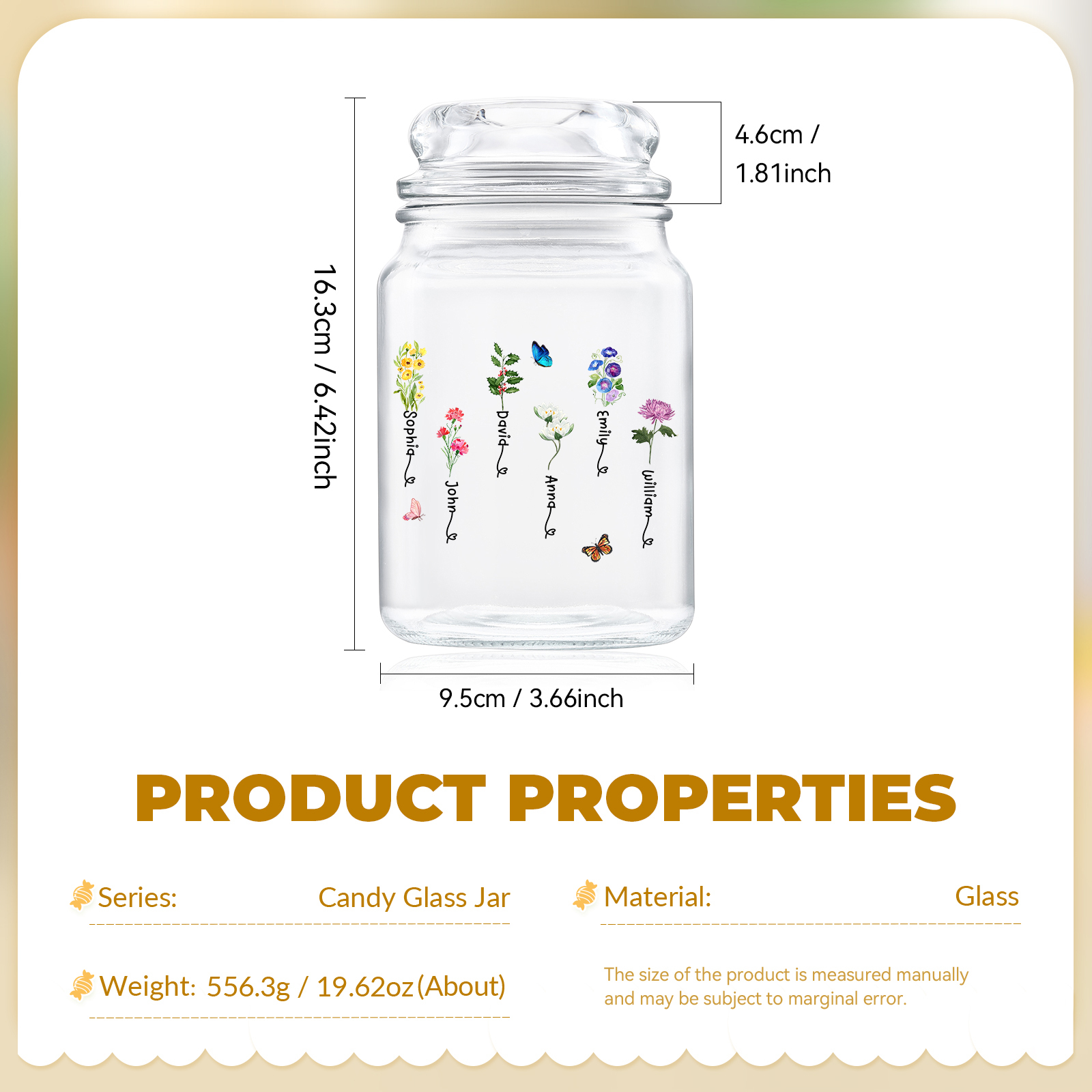 Personalised Candy Jar Customised 2 to 6 Names and Birth Flowers Gift for Family