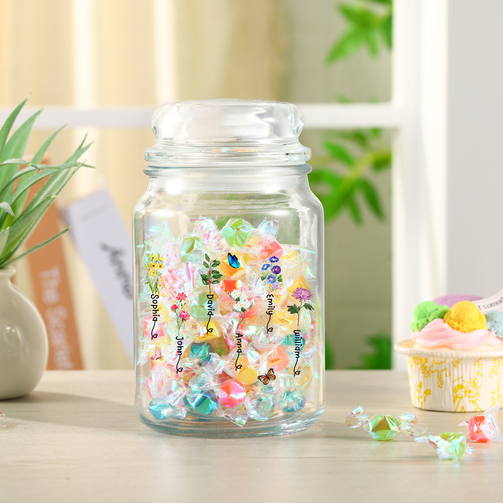 Personalised Candy Jar Customised 2 to 6 Names and Birth Flowers Gift for Family