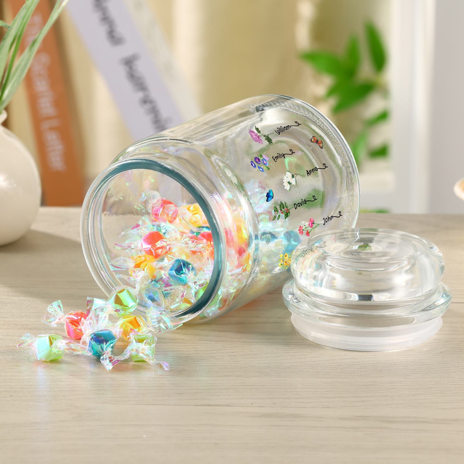 Personalised Candy Jar Customised 2 to 6 Names and Birth Flowers Gift for Family