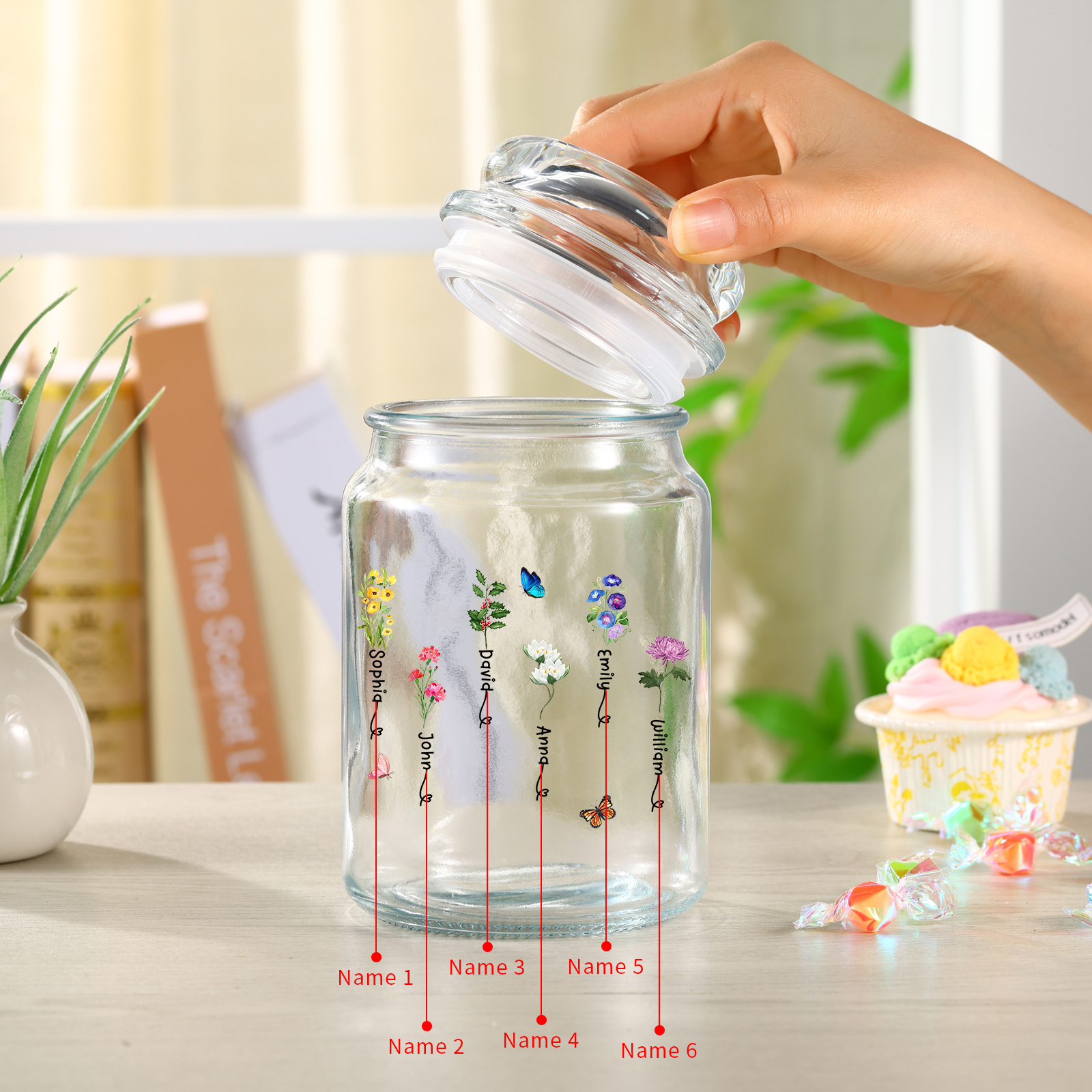 Personalised Candy Jar Customised 2 to 6 Names and Birth Flowers Gift for Family