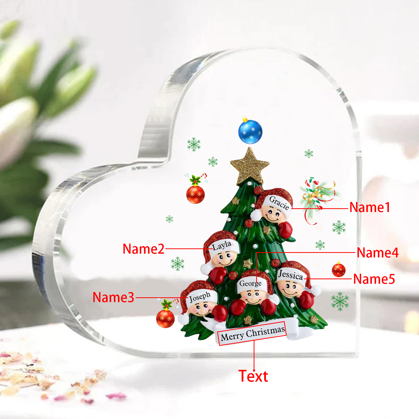 Personalised Christmas Heart Shape Plaque with Custom 2-8 Names & Text Festive Family Acrylic Keepsake-Jessemade AU