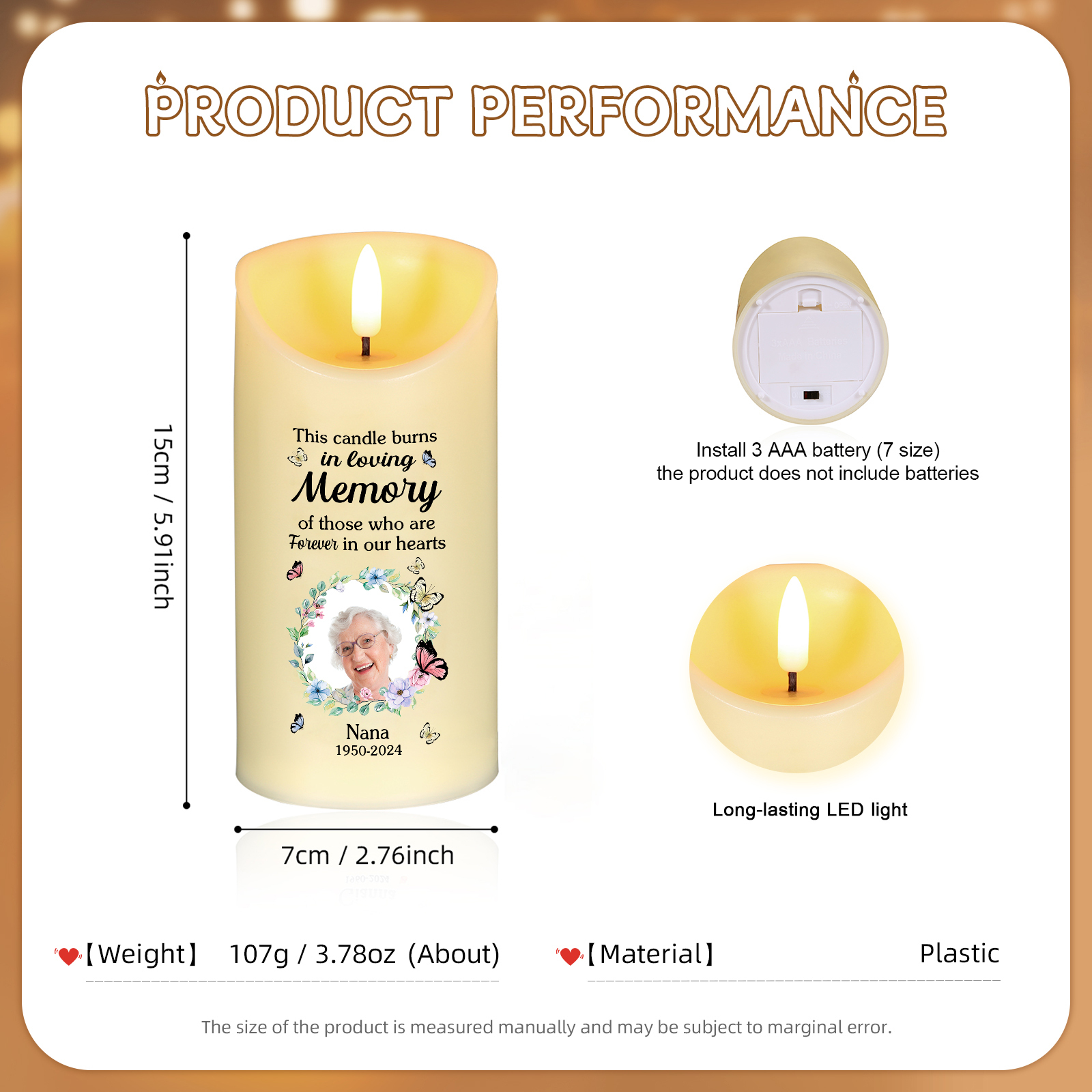 Personalised LED Memorial Candle Butterfly Design with 1 Photo Name & Date Tribute