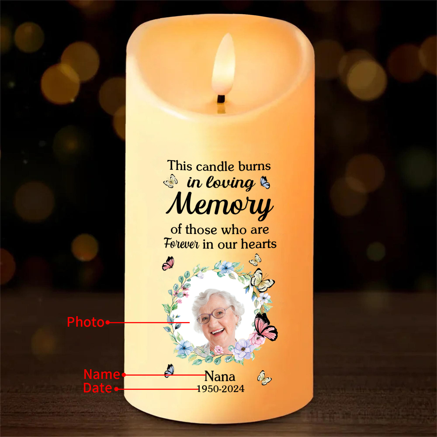 Personalised LED Memorial Candle Butterfly Design with 1 Photo Name & Date Tribute
