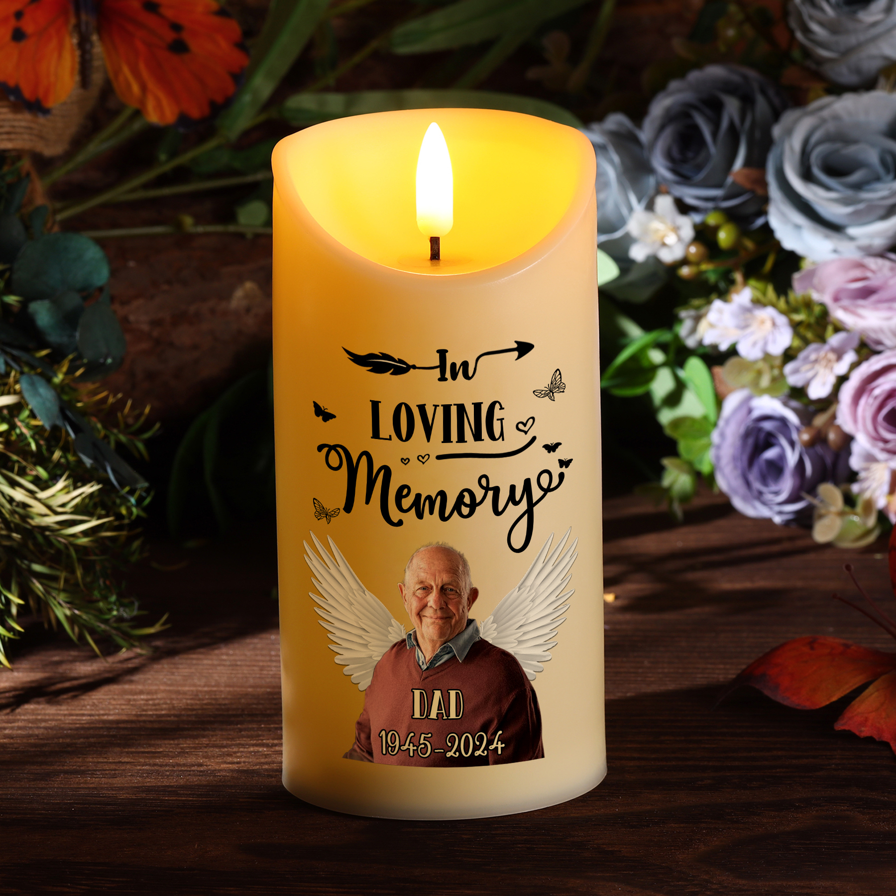 Light Remains Forever Personalised 1 Photo 1 Name 1 Date LED Memorial Candle Angel Wings Tribute for Cherished Memories