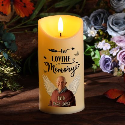 Light Remains Forever Personalised 1 Photo 1 Name 1 Date LED Memorial Candle Angel Wings Tribute for Cherished Memories
