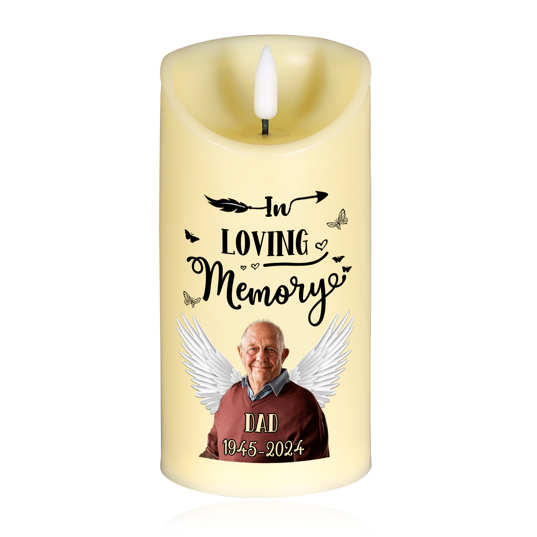 Light Remains Forever Personalised 1 Photo 1 Name 1 Date LED Memorial Candle Angel Wings Tribute for Cherished Memories