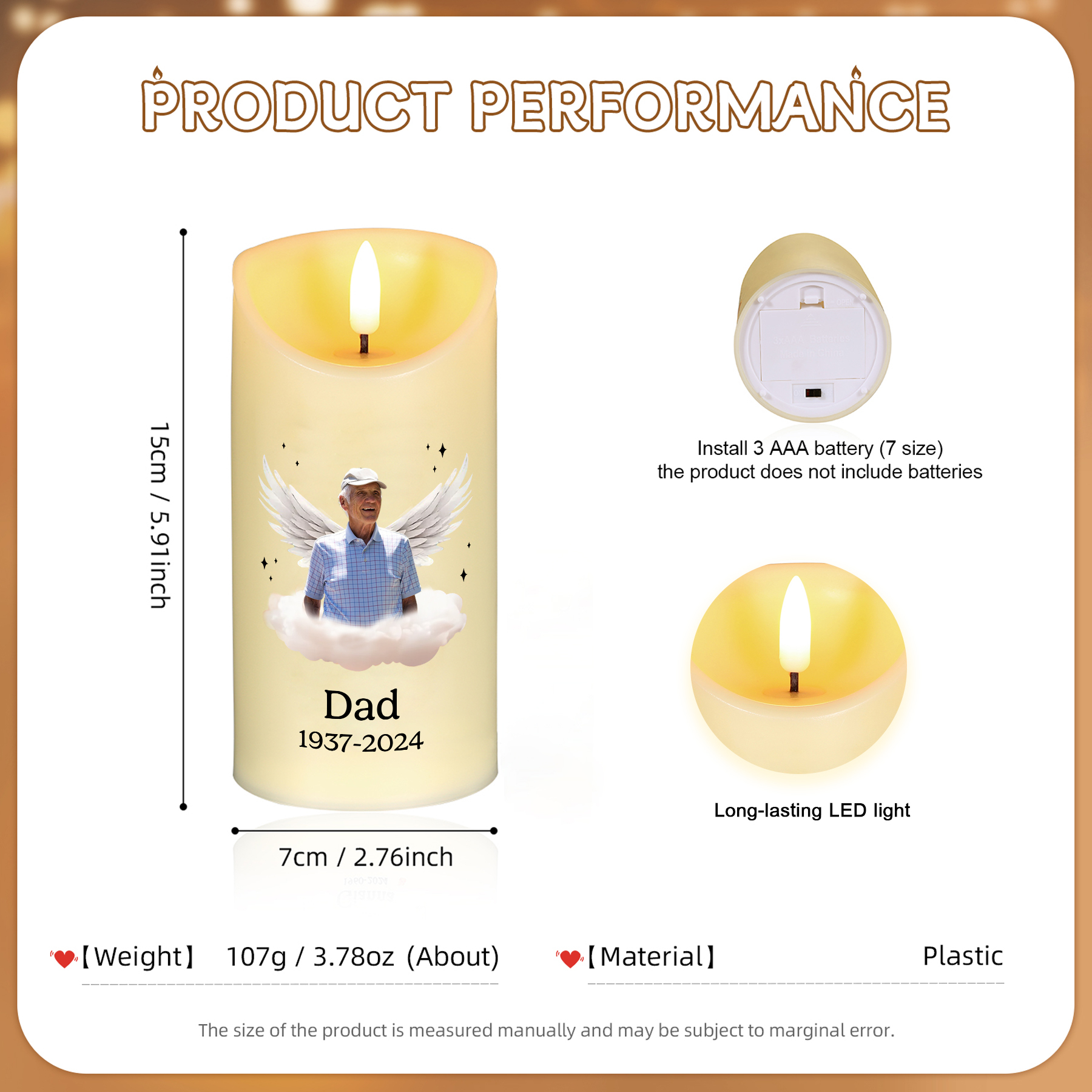 Your light will always shine in my heart Personalised LED Memorial Candle Angel Wings Design with 1 Photo Name & Date