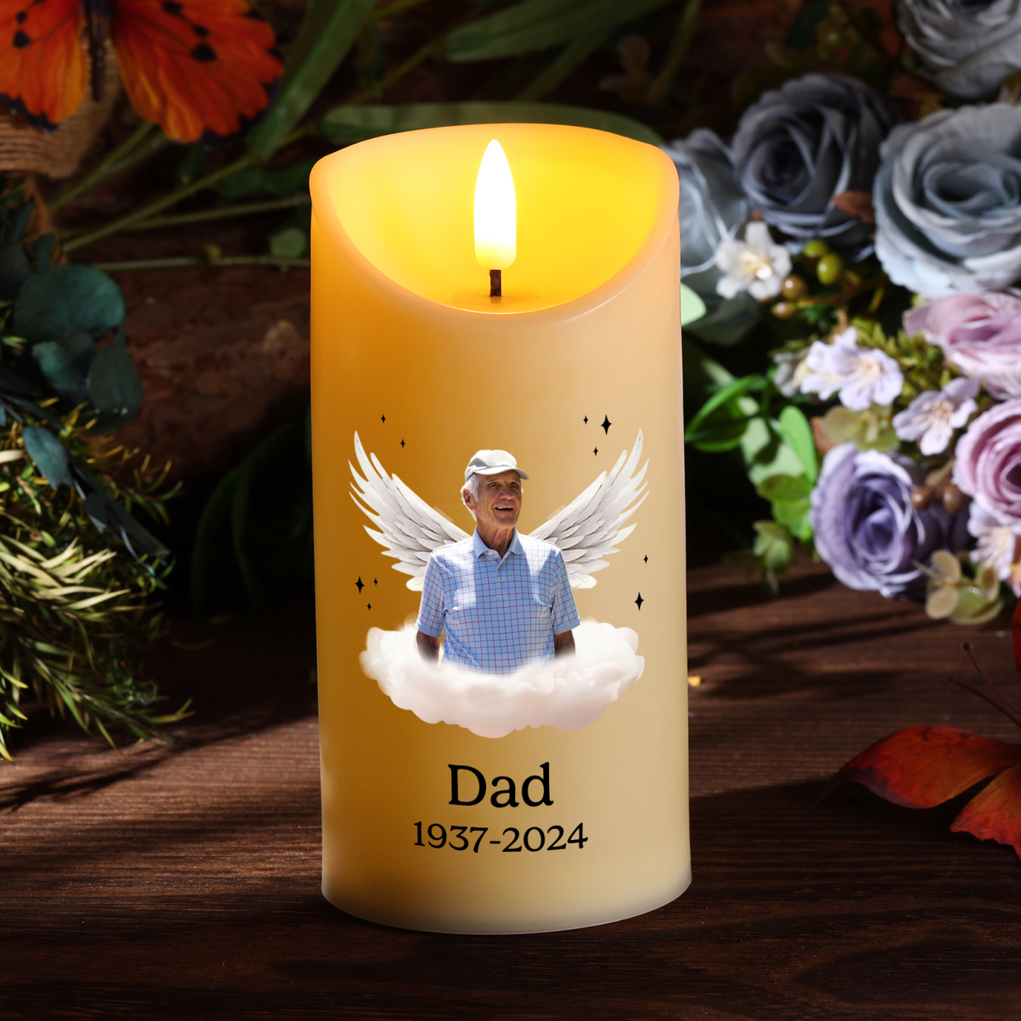 Your light will always shine in my heart Personalised LED Memorial Candle Angel Wings Design with 1 Photo Name & Date