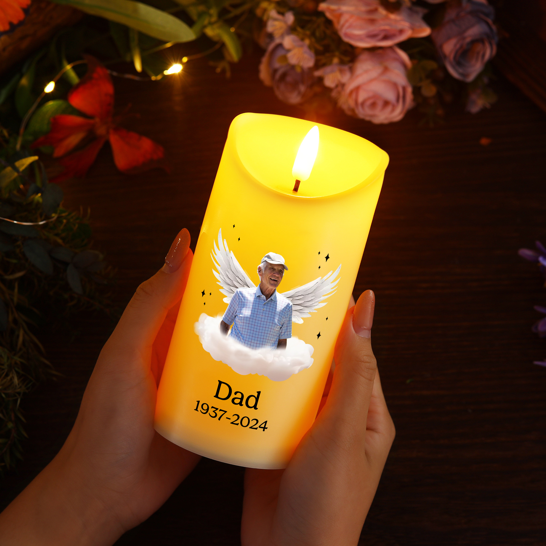Your light will always shine in my heart Personalised LED Memorial Candle Angel Wings Design with 1 Photo Name & Date