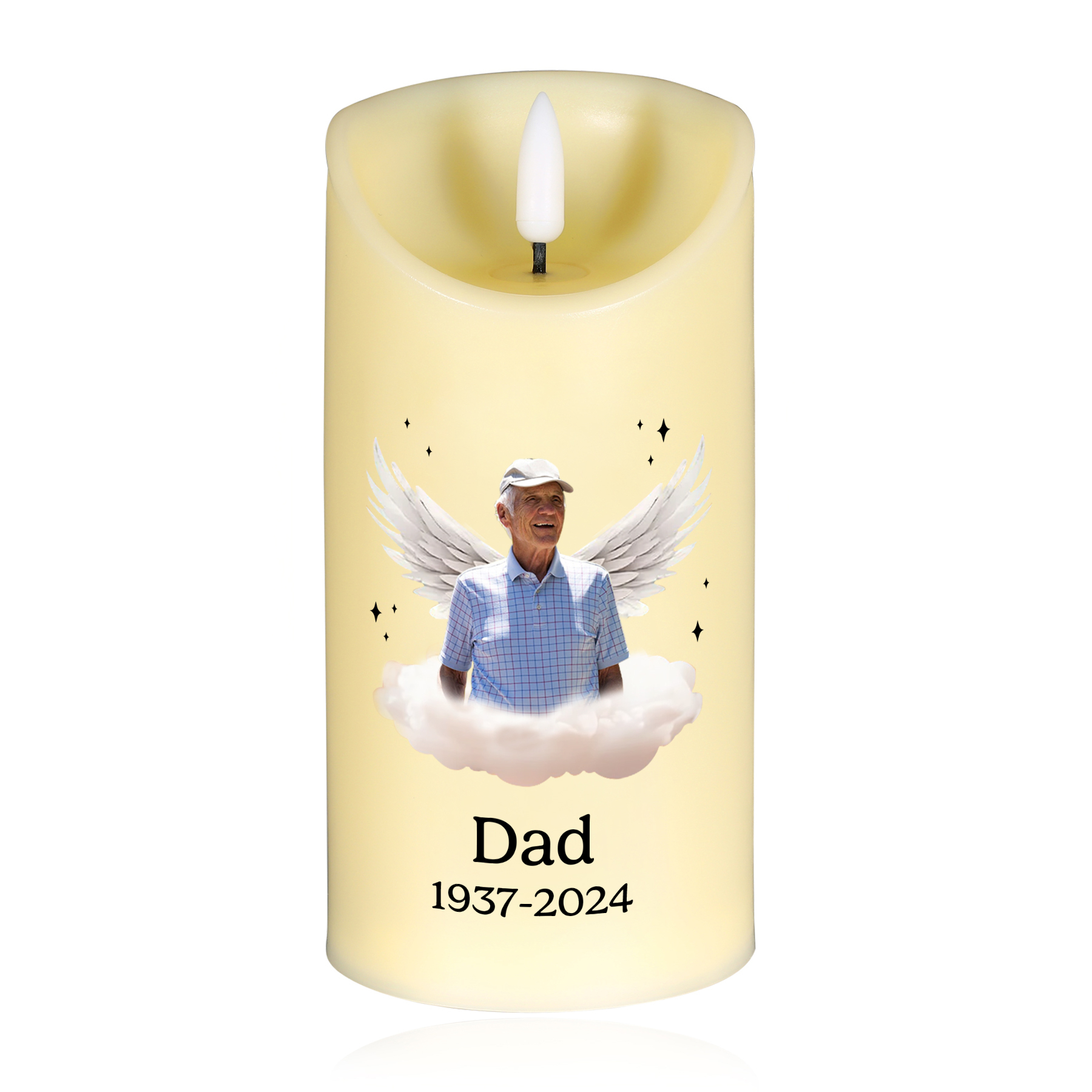 Your light will always shine in my heart Personalised LED Memorial Candle Angel Wings Design with 1 Photo Name & Date