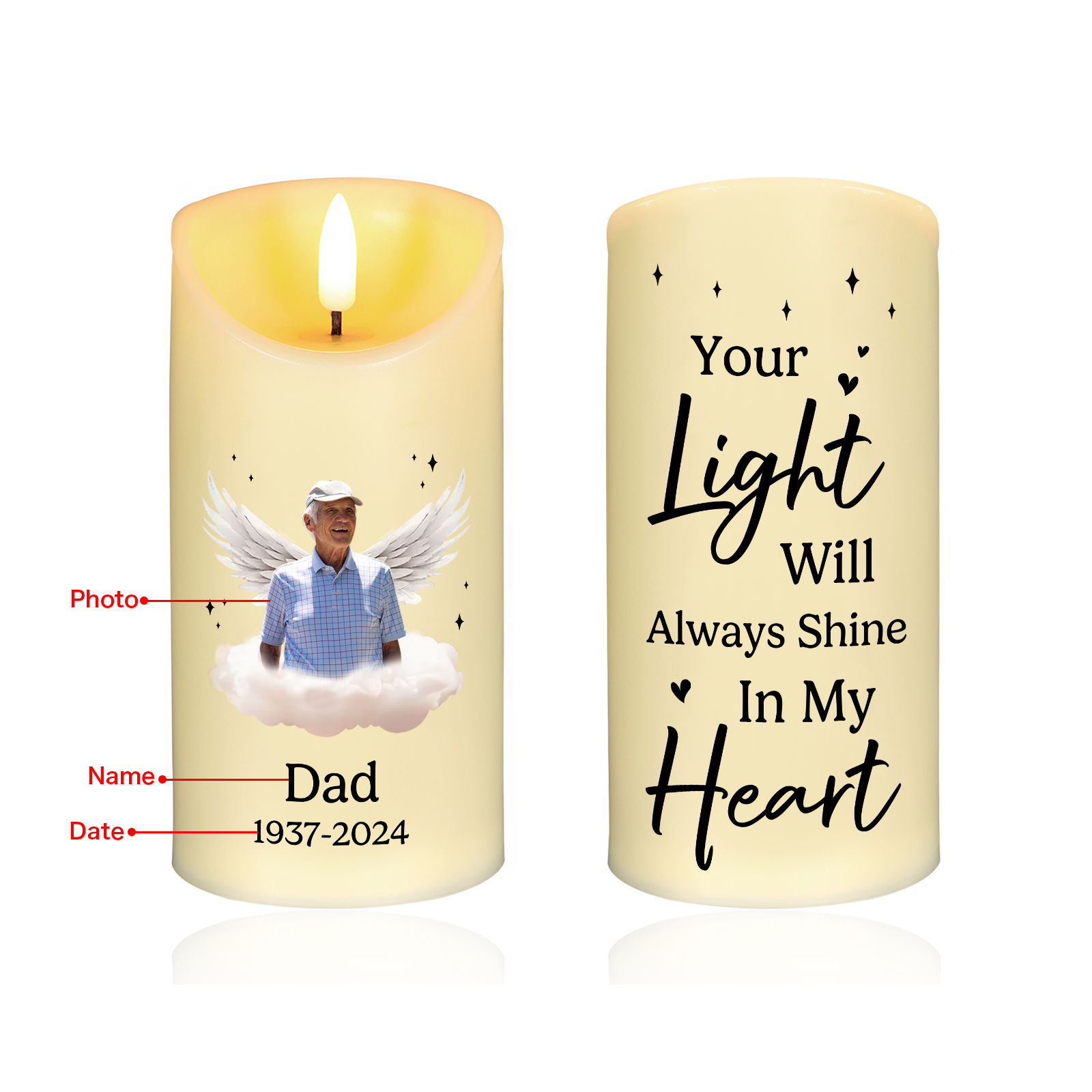 Your light will always shine in my heart Personalised LED Memorial Candle Angel Wings Design with 1 Photo Name & Date