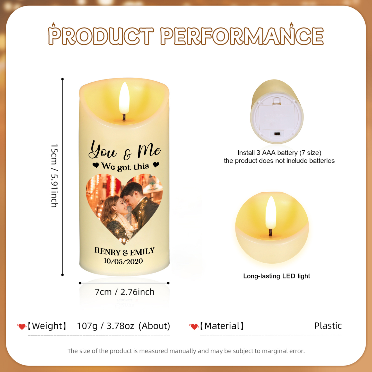Personalised Couple LED Candle Custom Photo LED Candle with Romantic Design