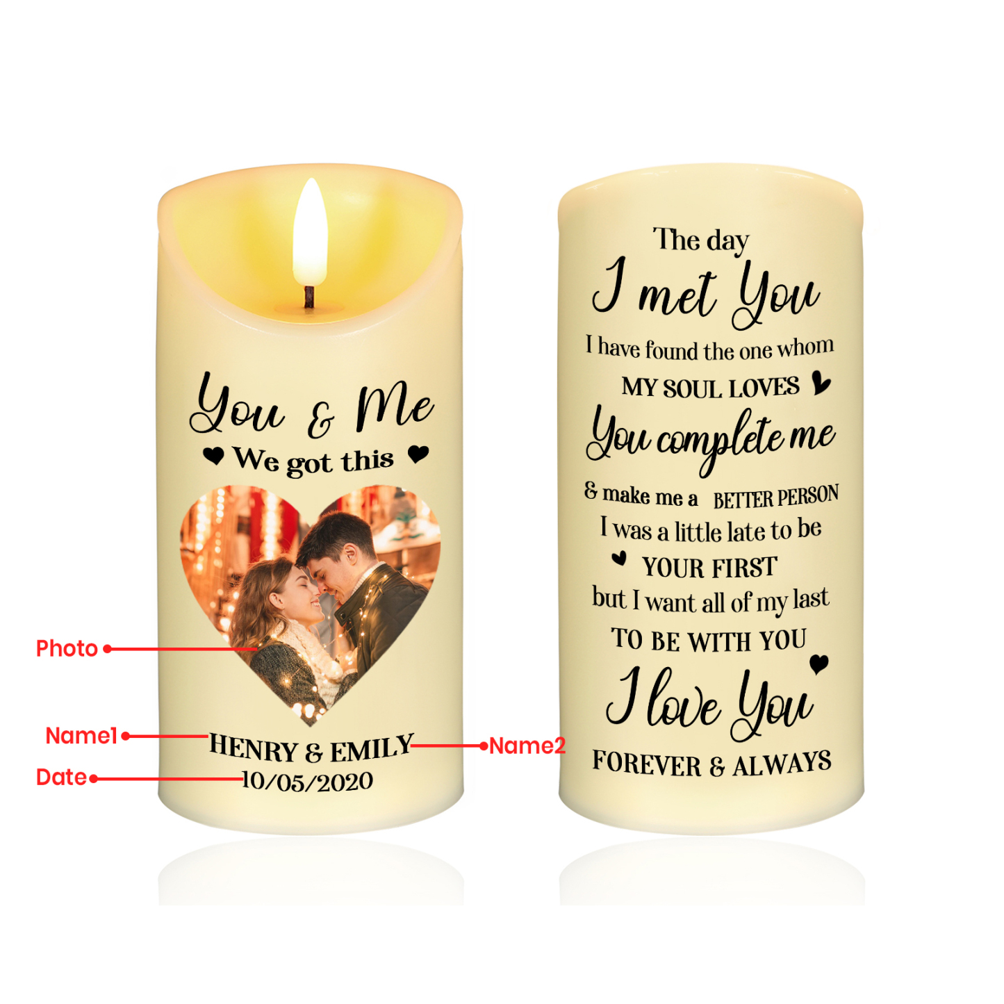 Personalised Couple LED Candle Custom Photo LED Candle with Romantic Design