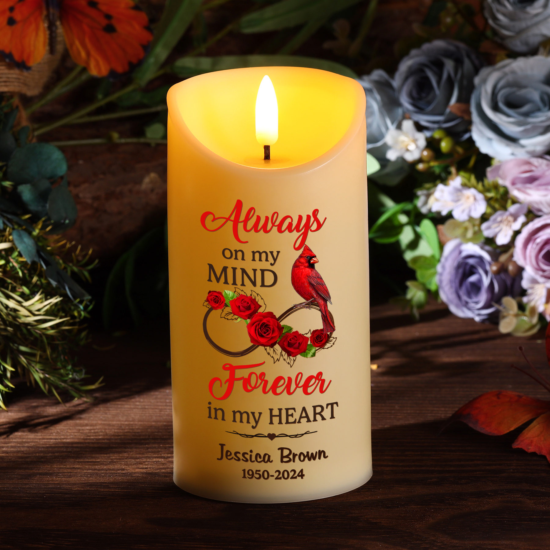Personalised Cardinal & Infinity LED Candle Custom Name & Year Christmas Gift